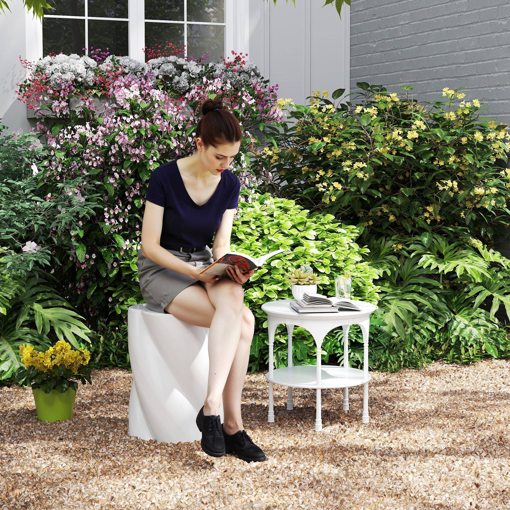 Tabouret de jardin en céramique forme spirale avec couvercle, capacité 120 kg, Ø33 x 45 cm, Blanc, extérieur - Image 2