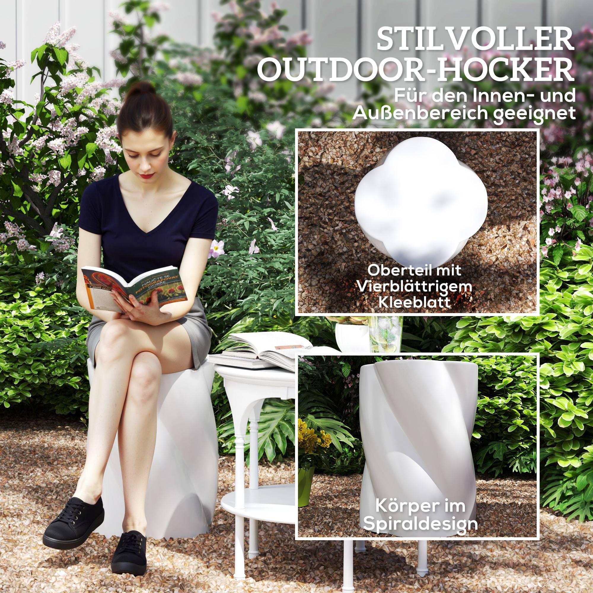 Tabouret de jardin en céramique forme spirale avec couvercle, capacité 120 kg, Ø33 x 45 cm, Blanc, extérieur - Image 4