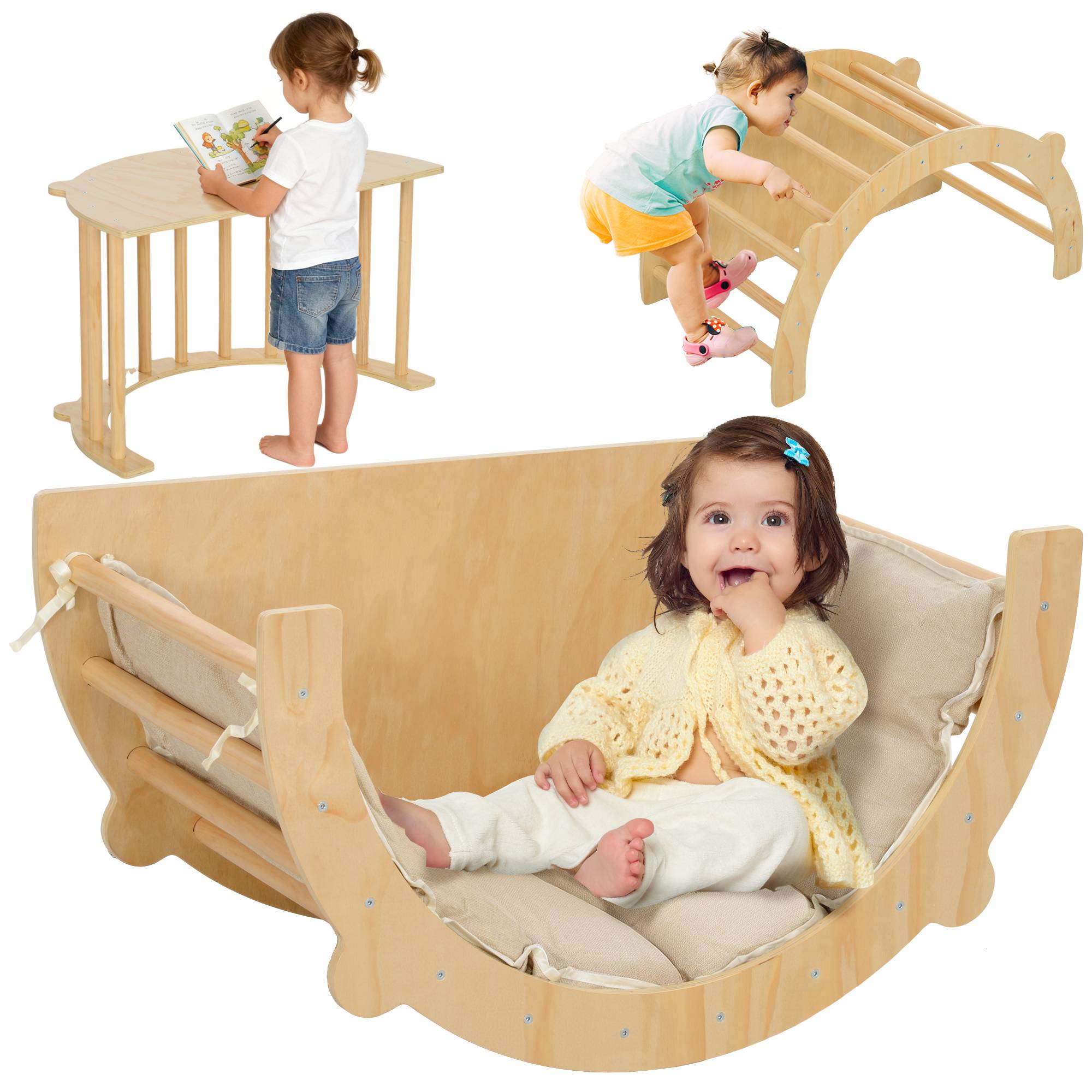 3 en 1 Arche d'escalade fauteuil à bascule et table de jeu coussin, en bois naturel, pour enfants de 18 à 48 mois - Image 1
