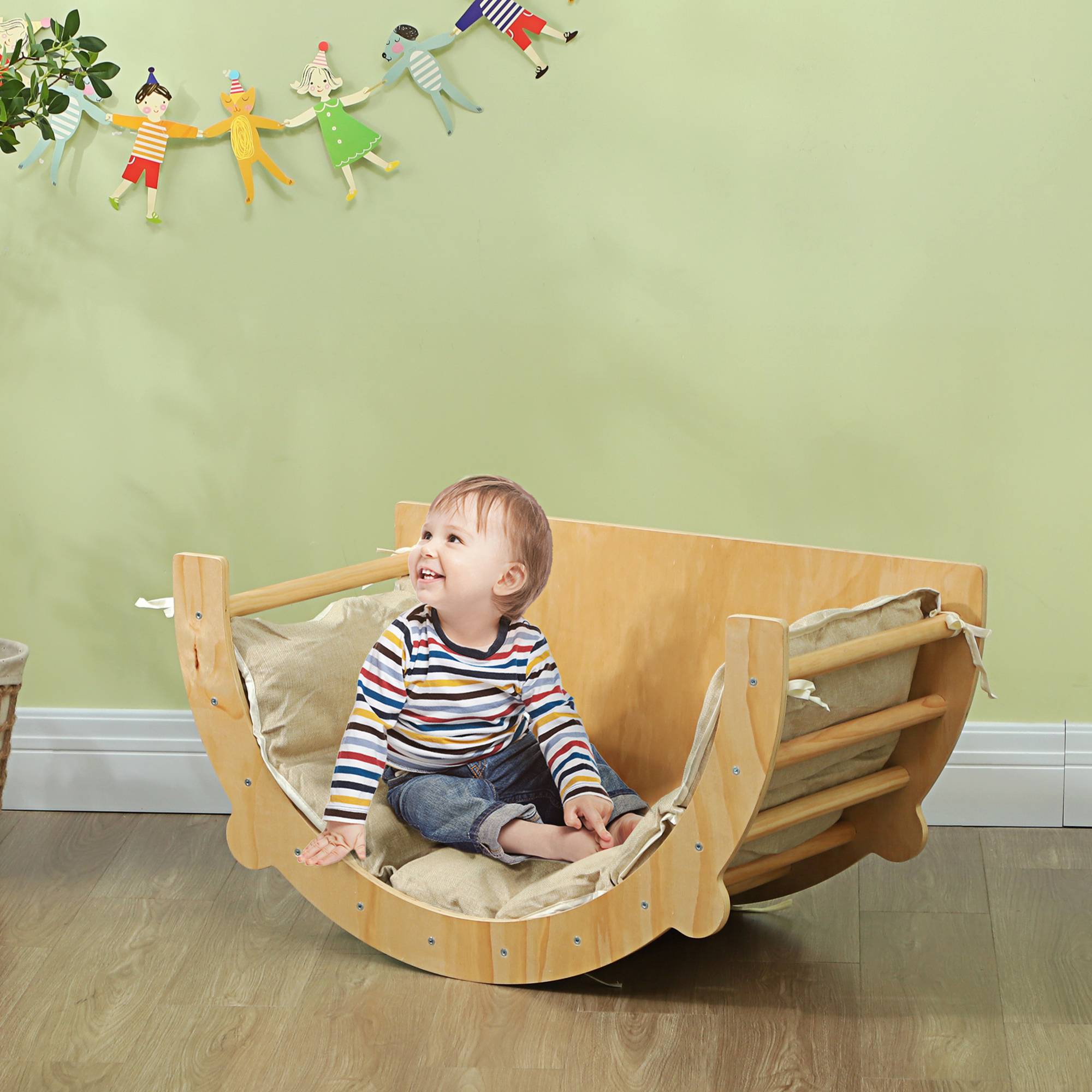 3 en 1 Arche d'escalade fauteuil à bascule et table de jeu coussin, en bois naturel, pour enfants de 18 à 48 mois - Image 3