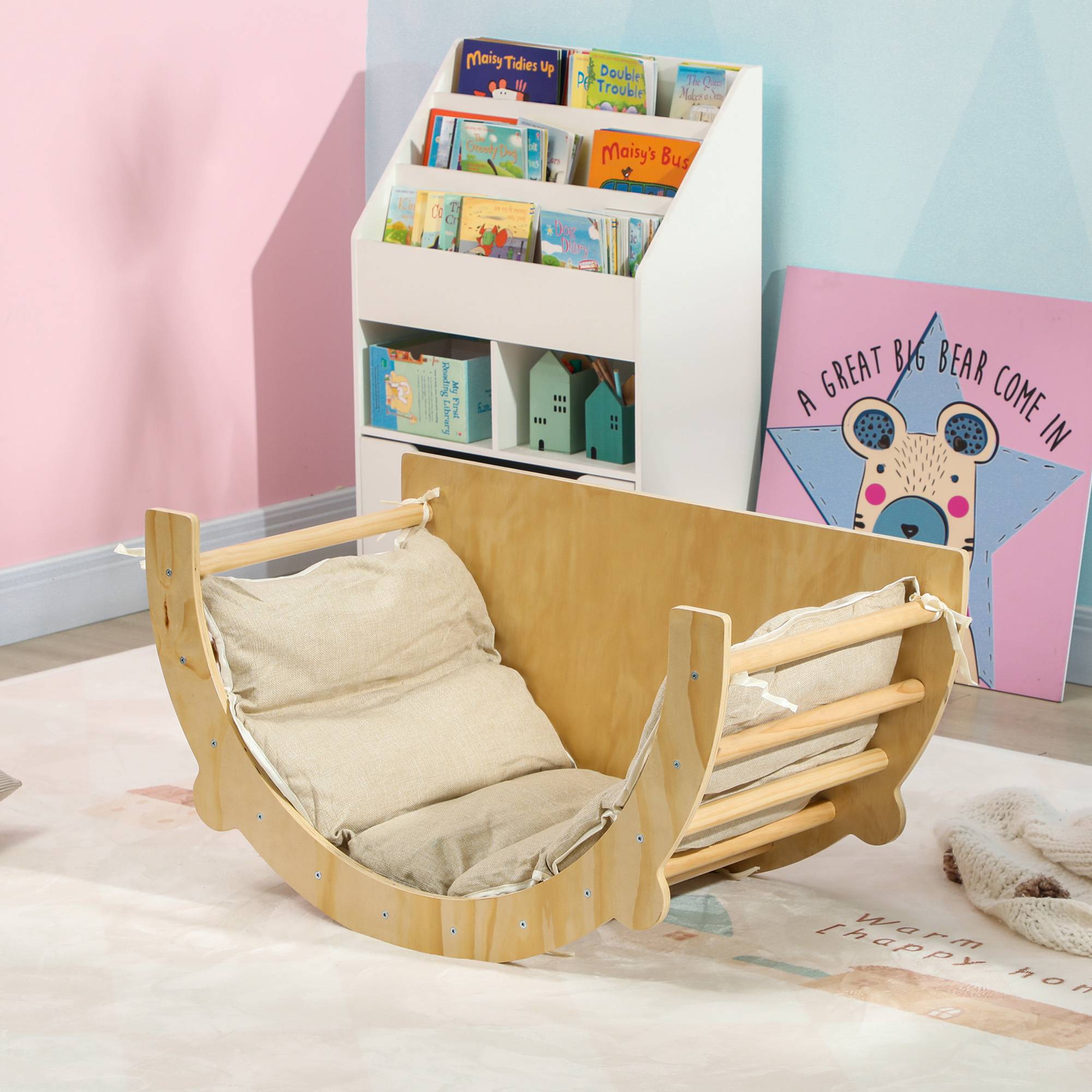 3 en 1 Arche d'escalade fauteuil à bascule et table de jeu coussin, en bois naturel, pour enfants de 18 à 48 mois - Image 4