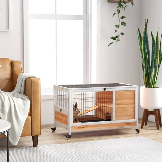 Clapier lapin intérieur clapier pour cochon d'inde en bois avec toit ouvrant et roulettes 90 x 53 x 59 cm jaune et blanc - Image 3
