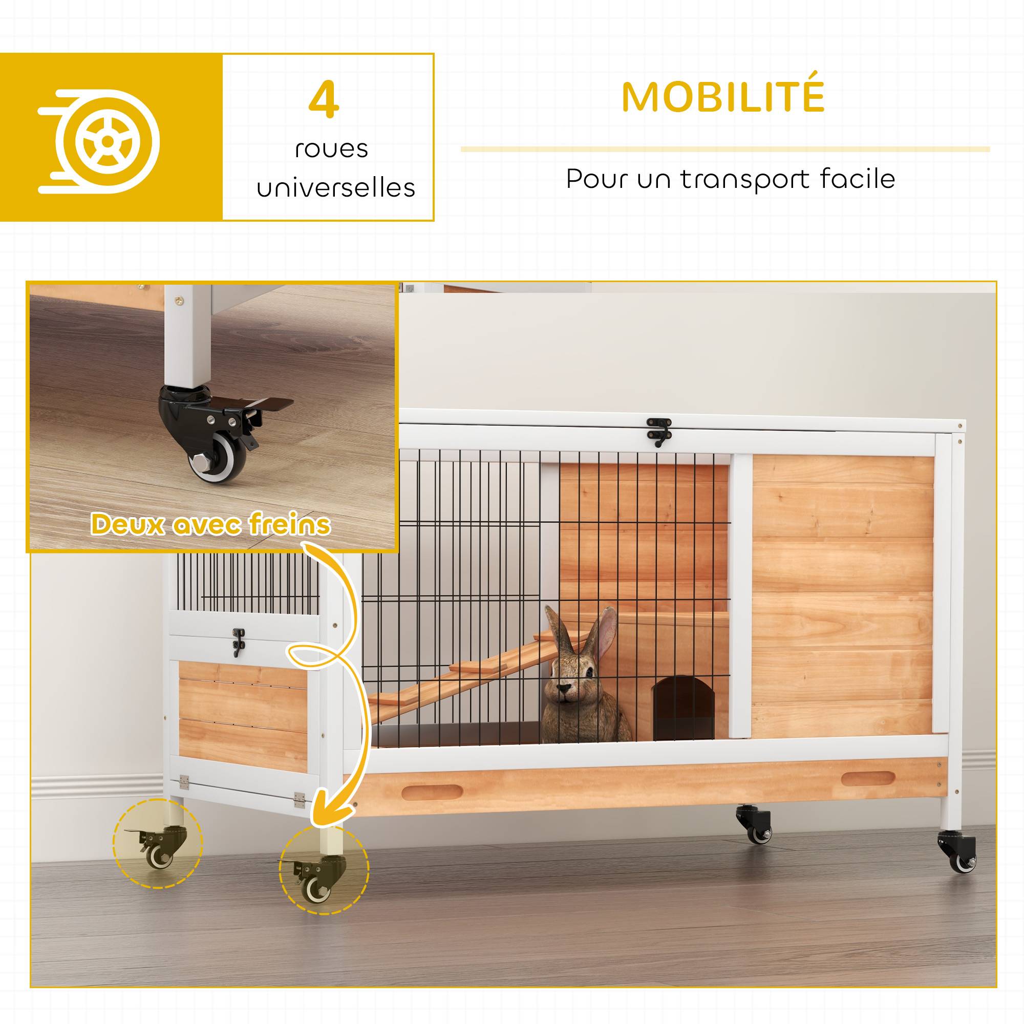 Clapier lapin intérieur clapier pour cochon d'inde en bois avec toit ouvrant et roulettes 90 x 53 x 59 cm jaune et blanc - Image 9