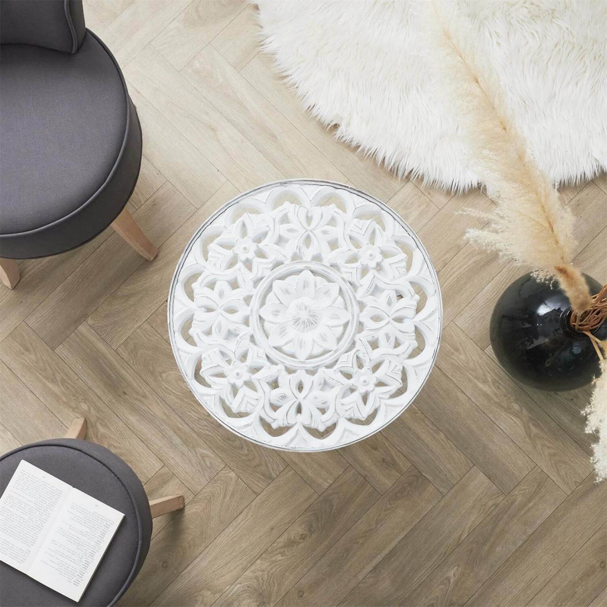 Table Basse Ø50cm Motif Floral et Verre trempé - MANDALA - Image 4