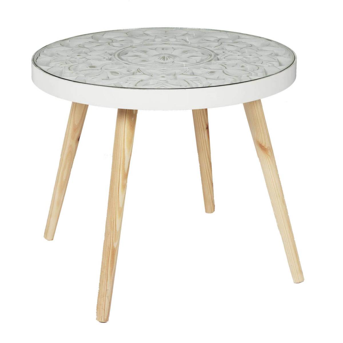Table Basse Ø50cm Motif Floral et Verre trempé - MANDALA - Image 1