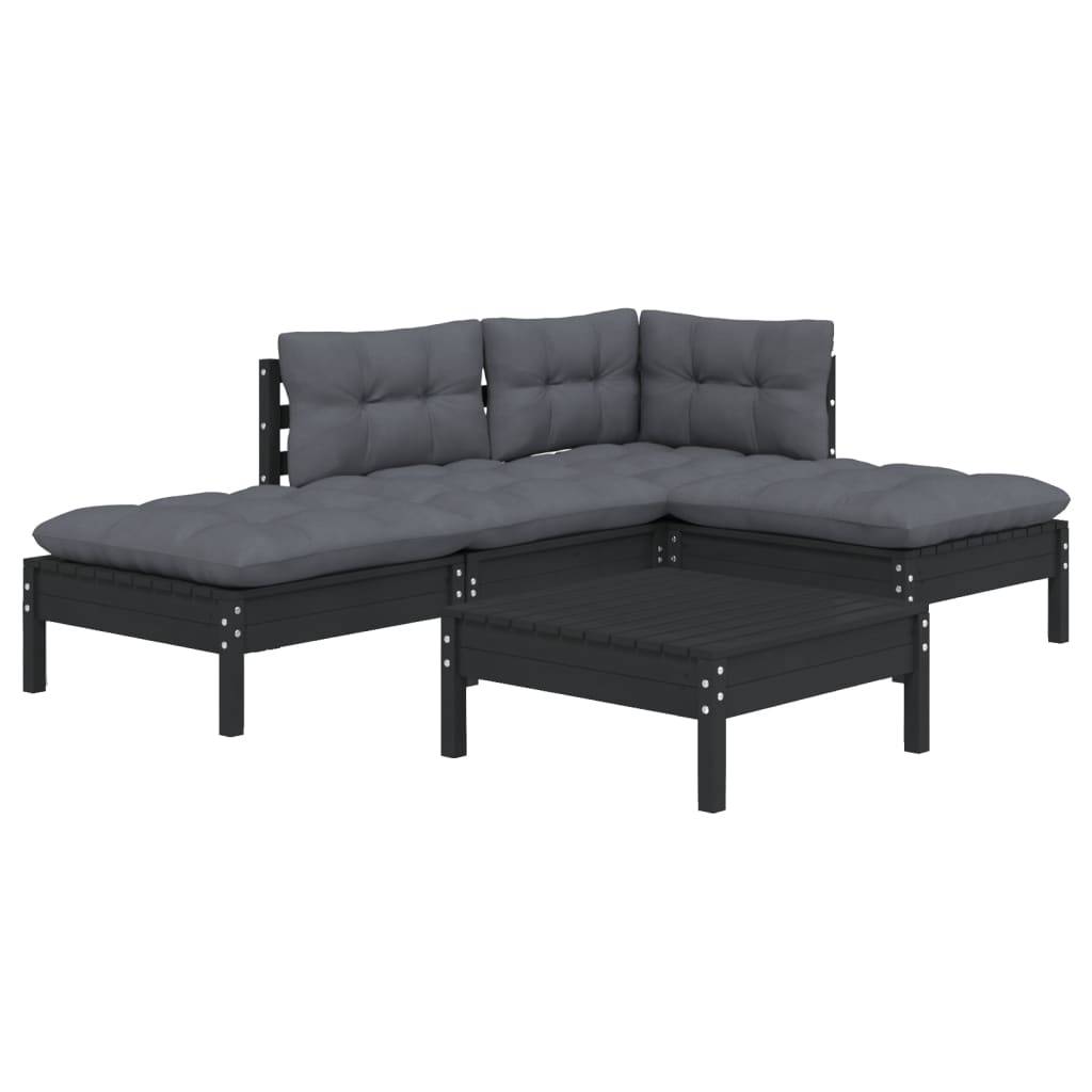 Helloshop26 - Salon de jardin meuble d'extérieur ensemble de mobilier 5 pièces avec coussins noir bois de pin - Imagen 1