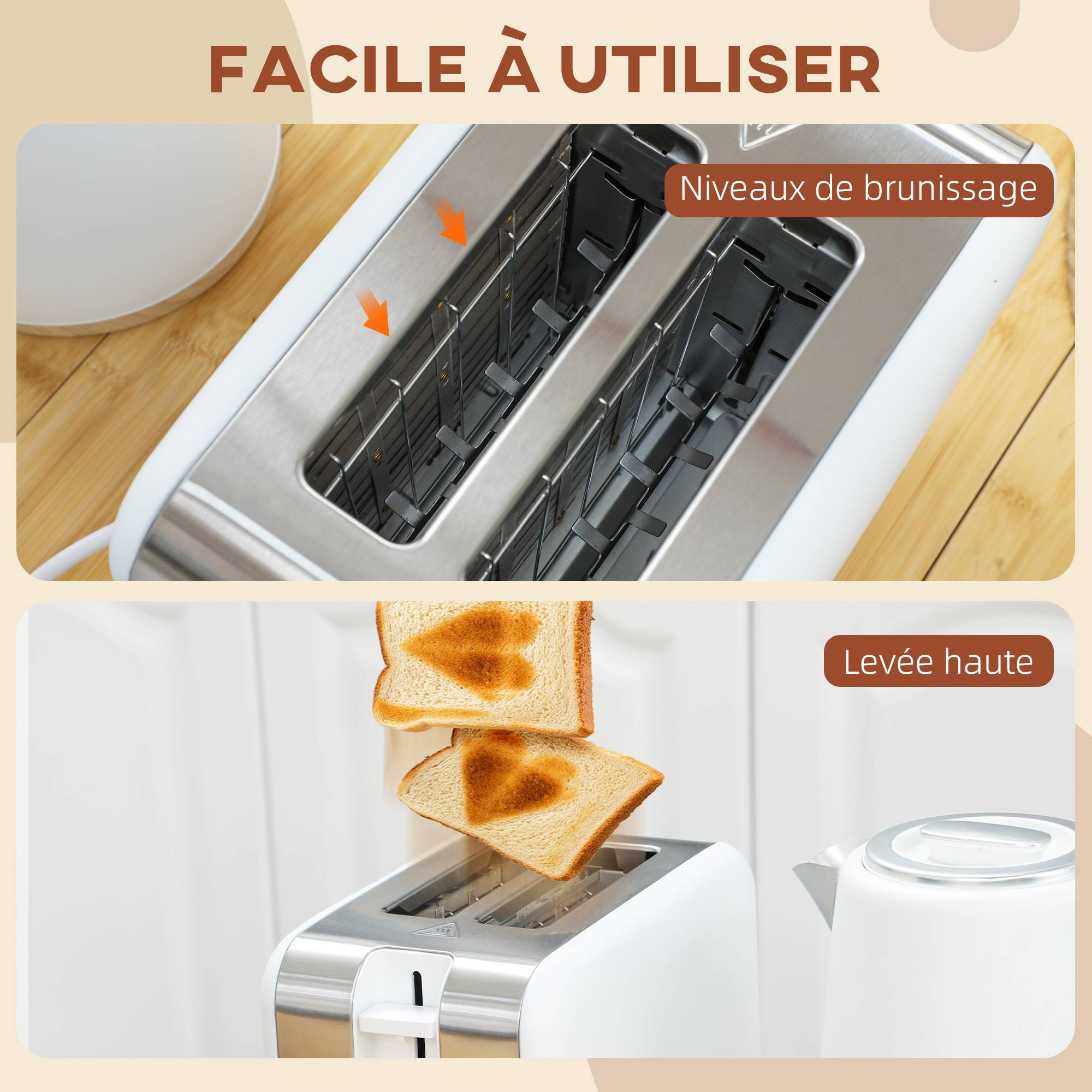 Ensemble bouilloire 1,7L 2200W et grille-pain 2 tranches 7 niveaux de brunissage, blanc - Image 10