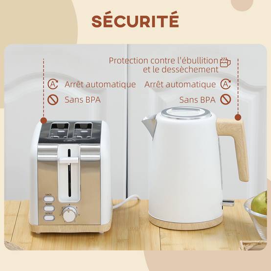 Ensemble bouilloire 1,7L 2200W et grille-pain 2 tranches 7 niveaux de brunissage, blanc - Image 9