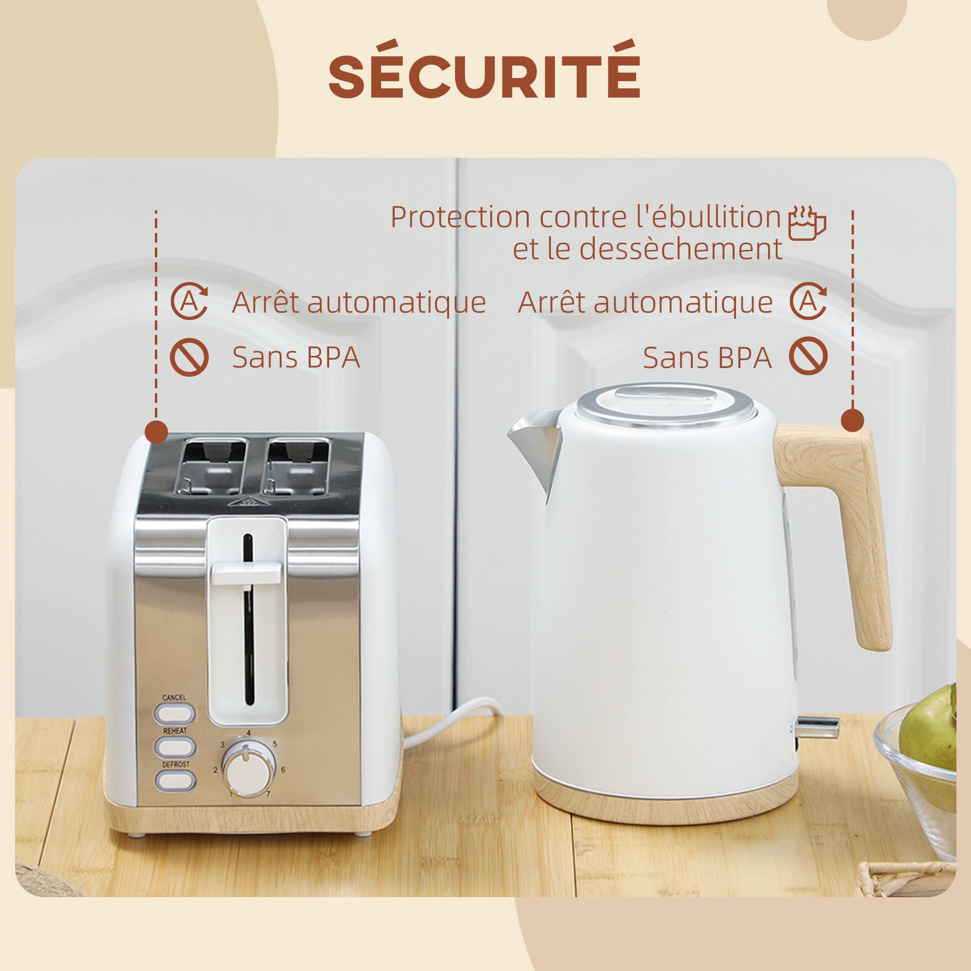 Ensemble bouilloire 1,7L 2200W et grille-pain 2 tranches 7 niveaux de brunissage, blanc - Image 9