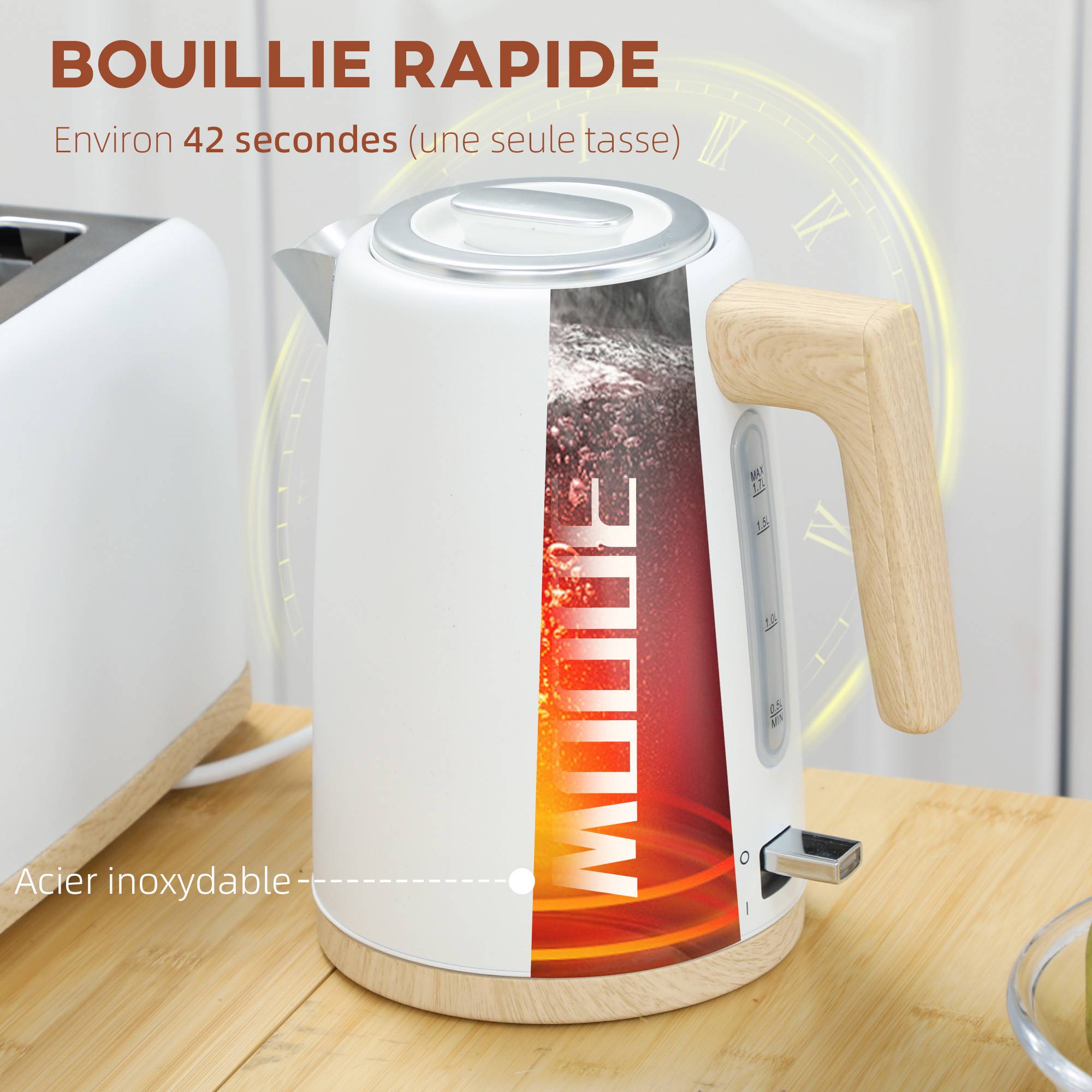 Ensemble bouilloire 1,7L 2200W et grille-pain 2 tranches 7 niveaux de brunissage, blanc - Image 6