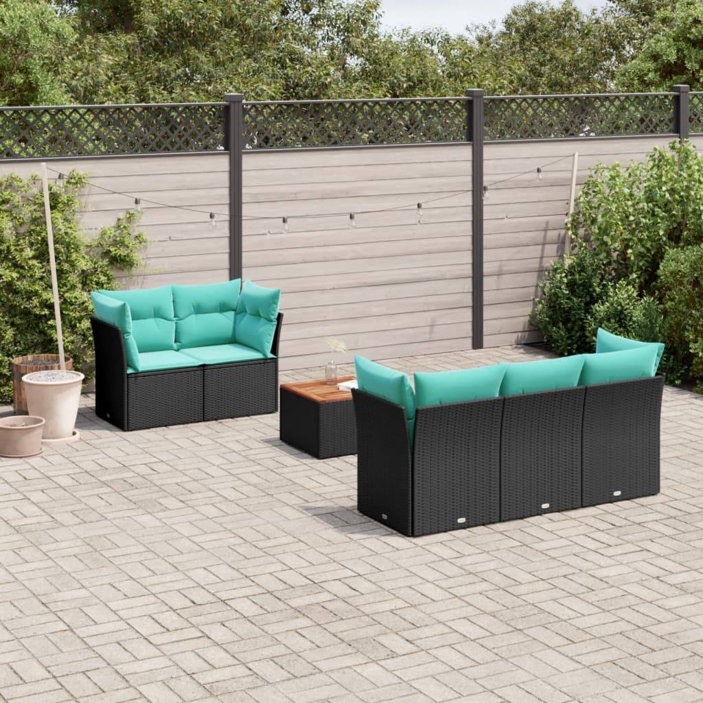 Salon de Jardin Bas Modulable 6 Pièces Résine Tressée Noire Fonction Coffre Coussins Bleus Patio – ComfortXL Outdoor Living - Image 1