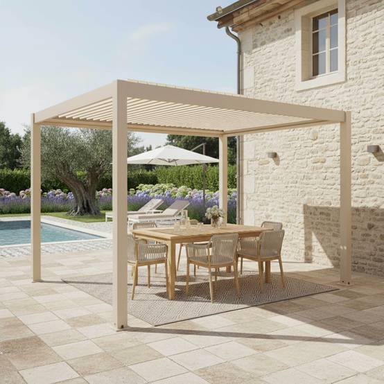 Oviala - Pergola bioclimatique autoportée 3x4 m et 2 stores bois crème Athenes - Oviala - Image 4