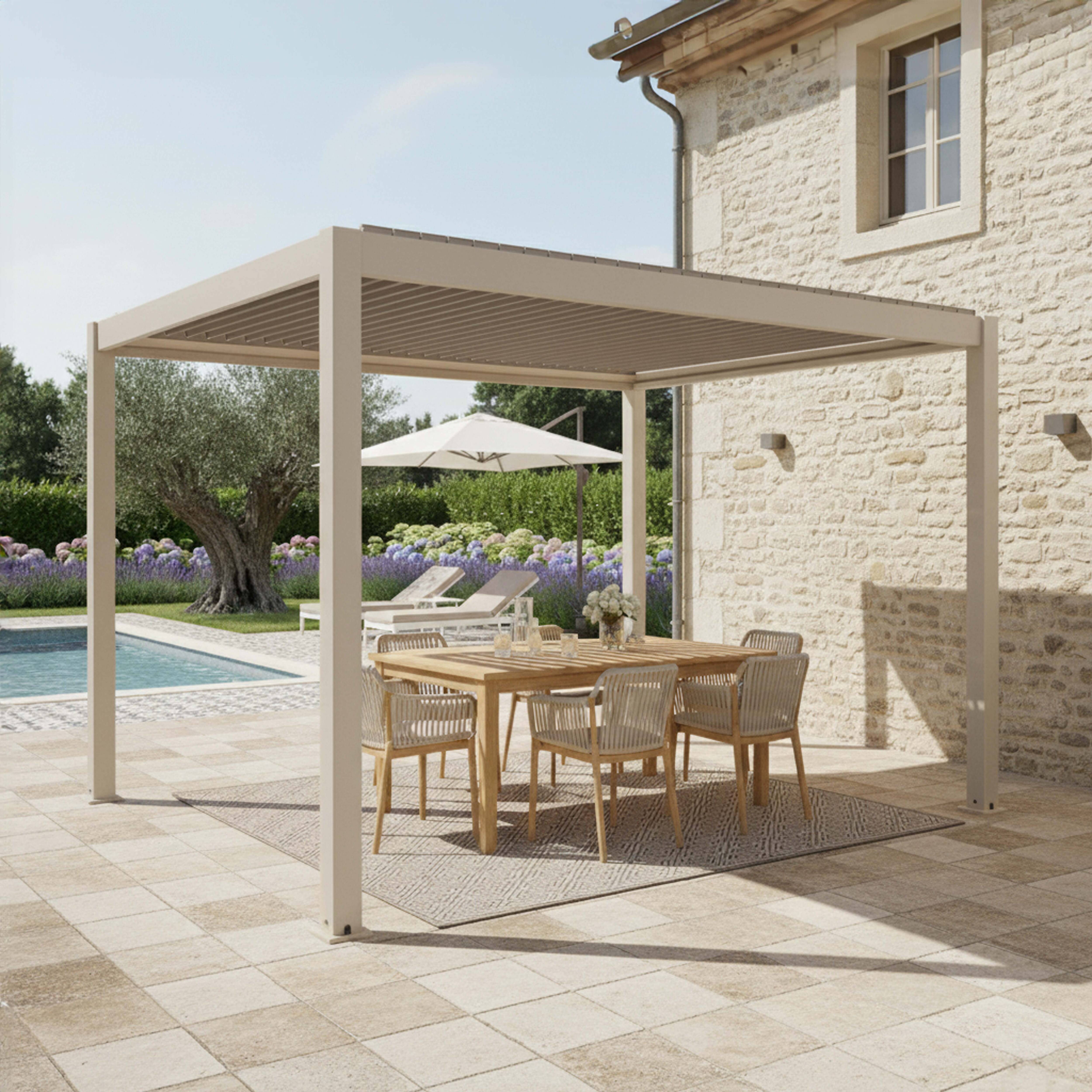 Oviala - Pergola bioclimatique autoportée 3x4 m et 2 stores bois crème Athenes - Oviala - Image 5