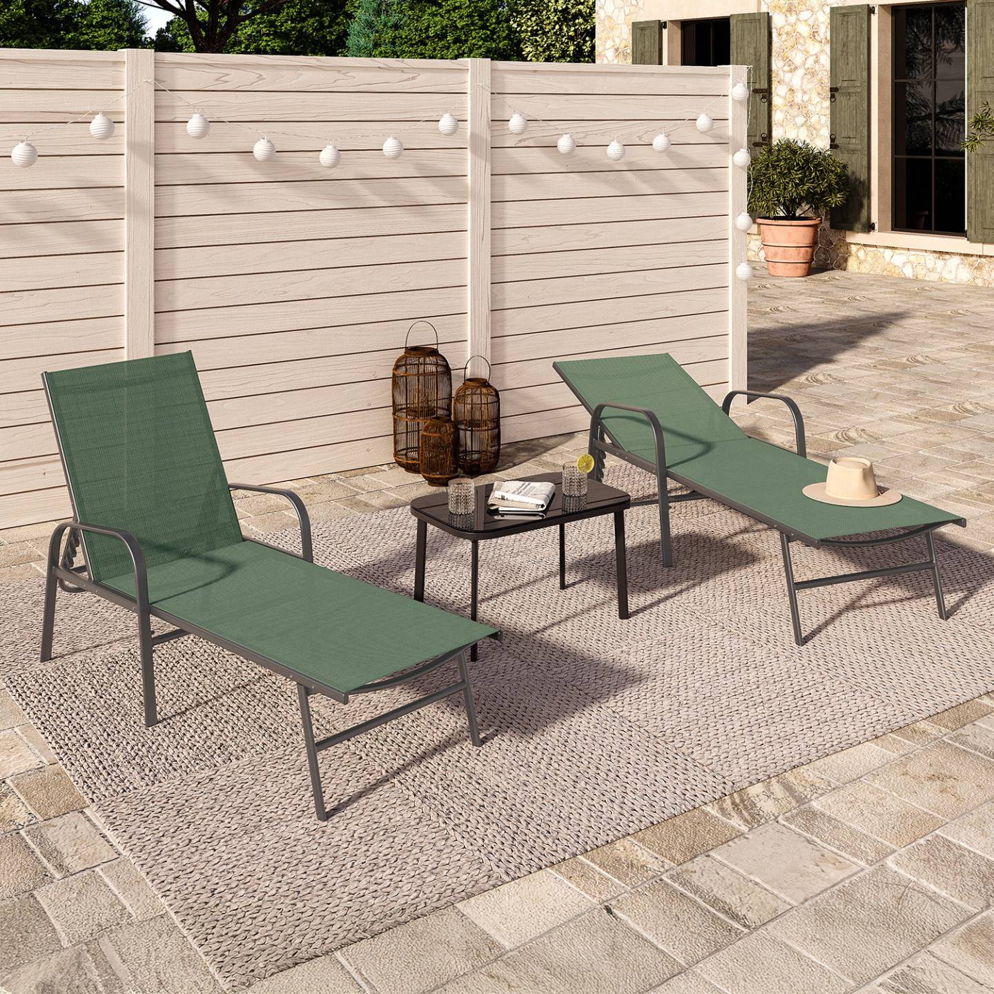 Lot de 2 transats de jardin inclinables FIDJI en acier et toile vert olive - Image 1