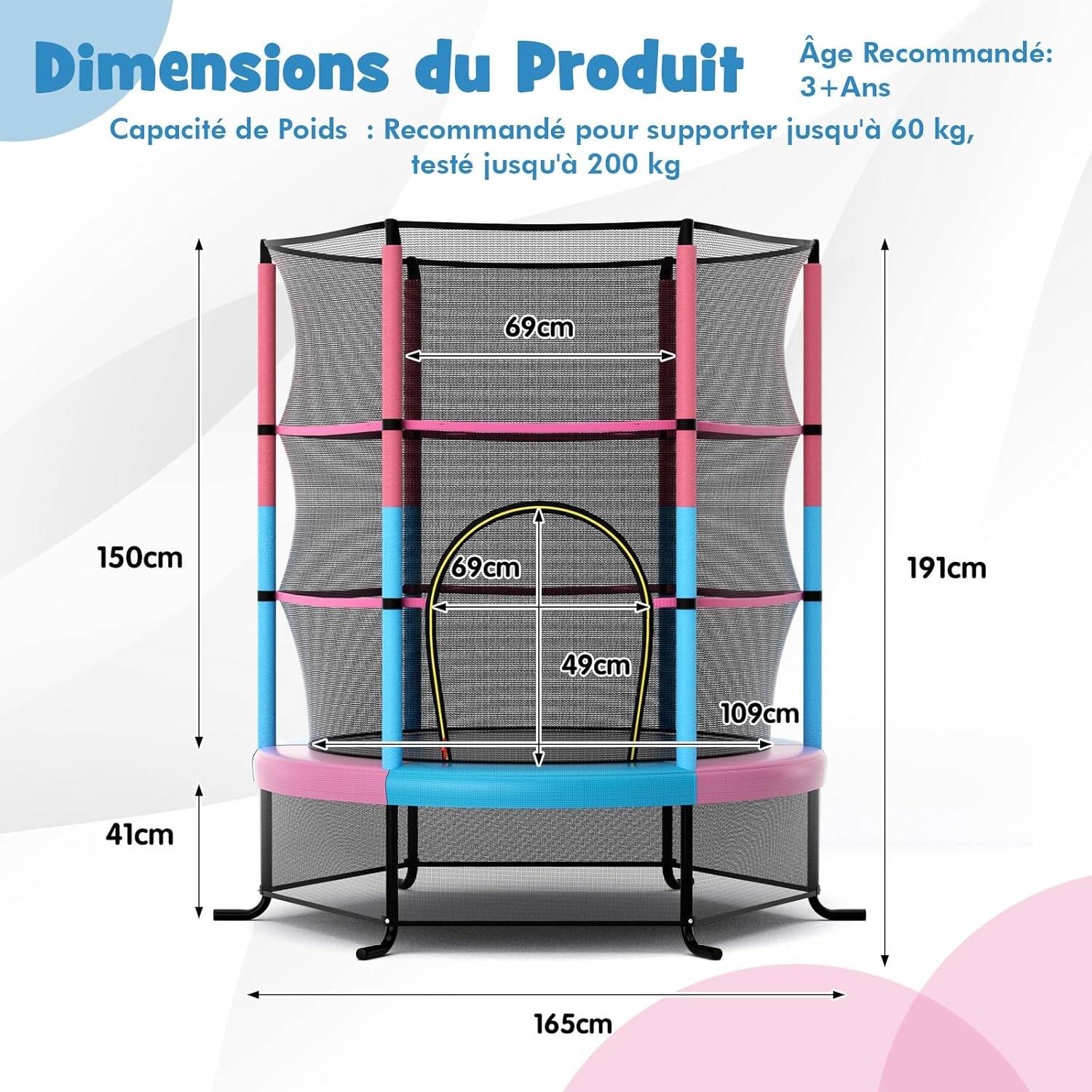 Costway - Trampoline Extérieur Enfants Ø165 CM avec Filet de Sécurité, Trampoline Enfants avec Cadre en Acier & 6 Poteaux Recouvert de Mousse (Macaron) - Image 3