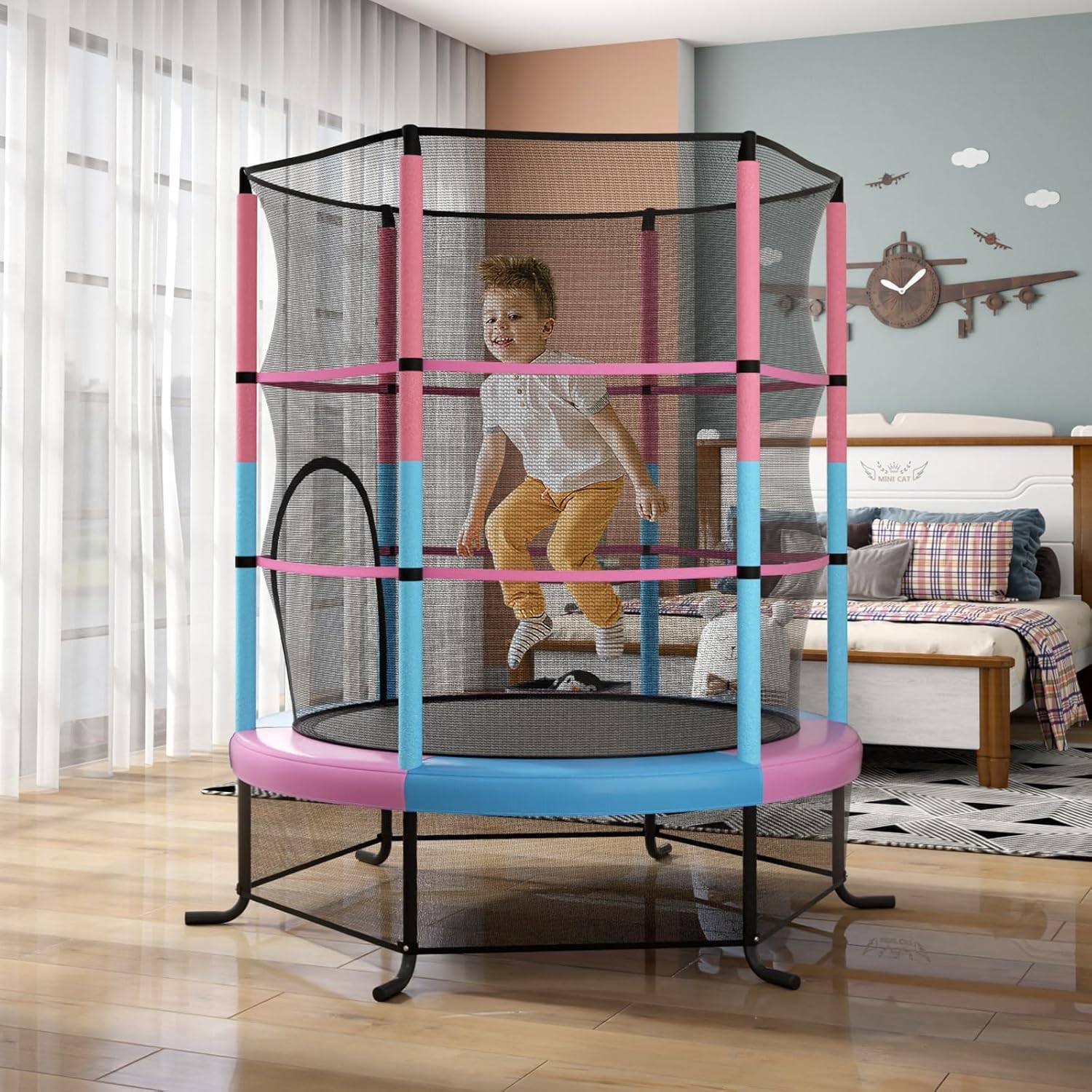 Costway - Trampoline Extérieur Enfants Ø165 CM avec Filet de Sécurité, Trampoline Enfants avec Cadre en Acier & 6 Poteaux Recouvert de Mousse (Macaron) - Image 2