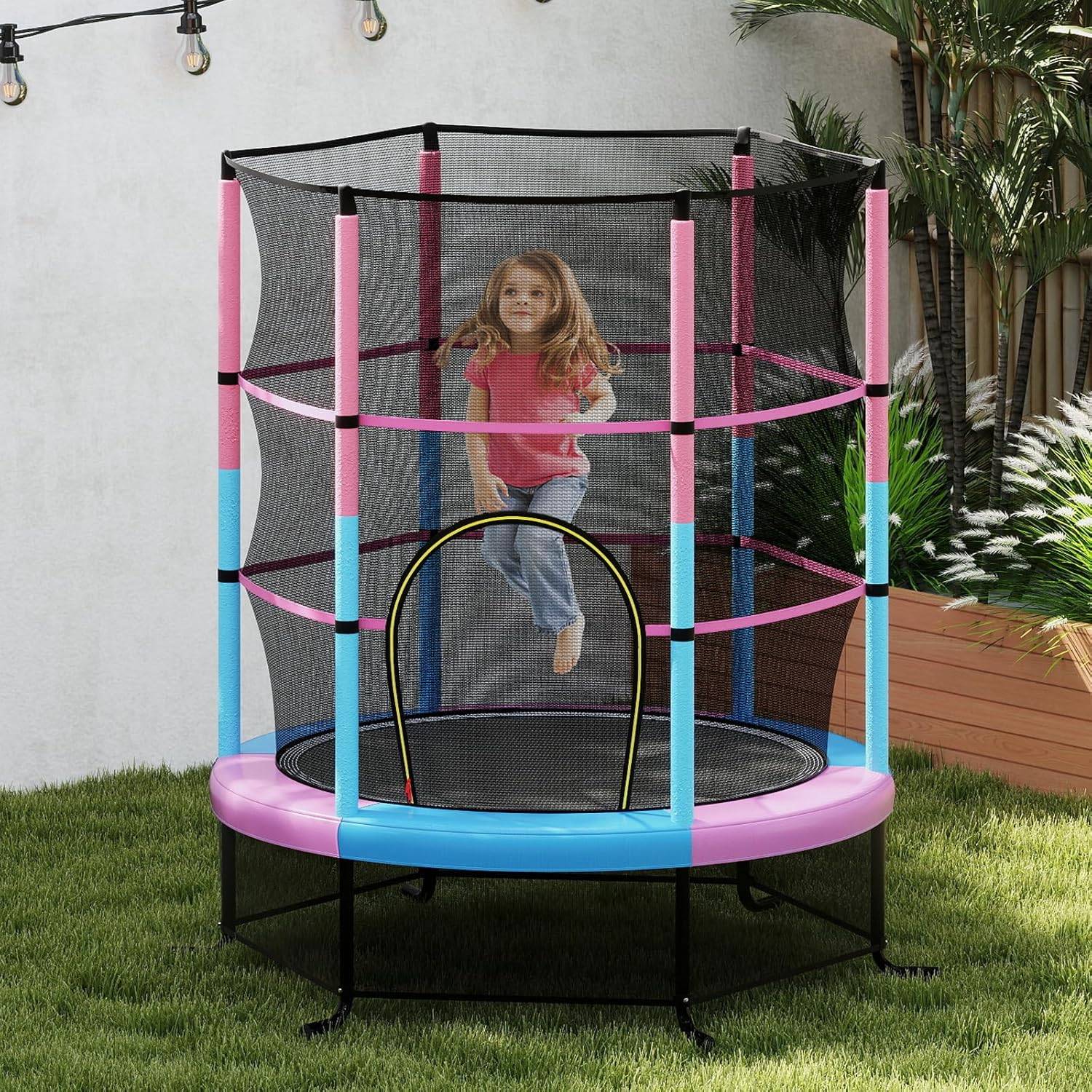 Costway - Trampoline Extérieur Enfants Ø165 CM avec Filet de Sécurité, Trampoline Enfants avec Cadre en Acier & 6 Poteaux Recouvert de Mousse (Macaron) - Image 4