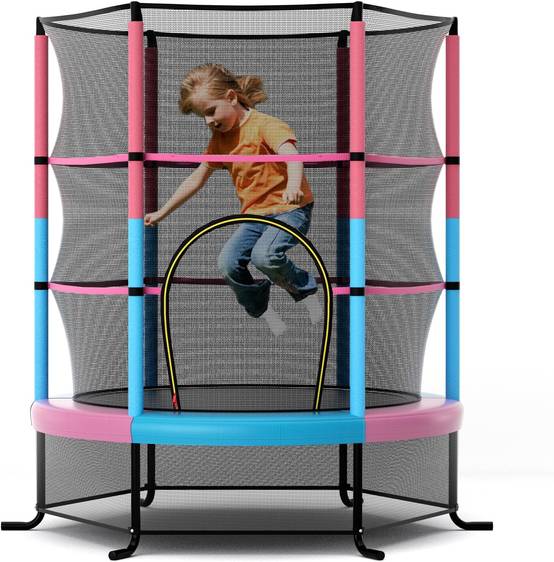 Costway - Trampoline Extérieur Enfants Ø165 CM avec Filet de Sécurité, Trampoline Enfants avec Cadre en Acier & 6 Poteaux Recouvert de Mousse (Macaron) - Image 1