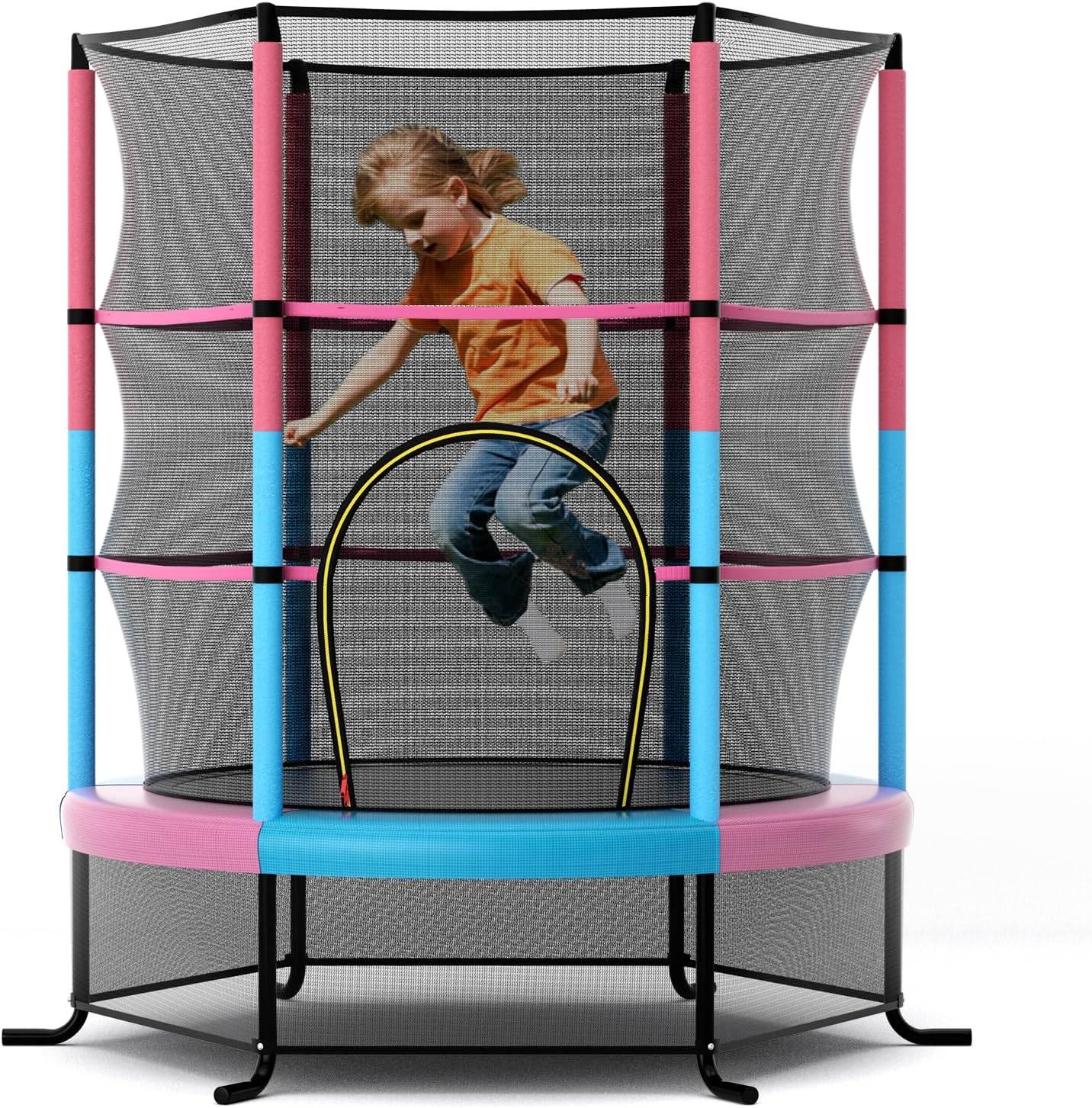 Costway - Trampoline Extérieur Enfants Ø165 CM avec Filet de Sécurité, Trampoline Enfants avec Cadre en Acier & 6 Poteaux Recouvert de Mousse (Macaron) - Image 1