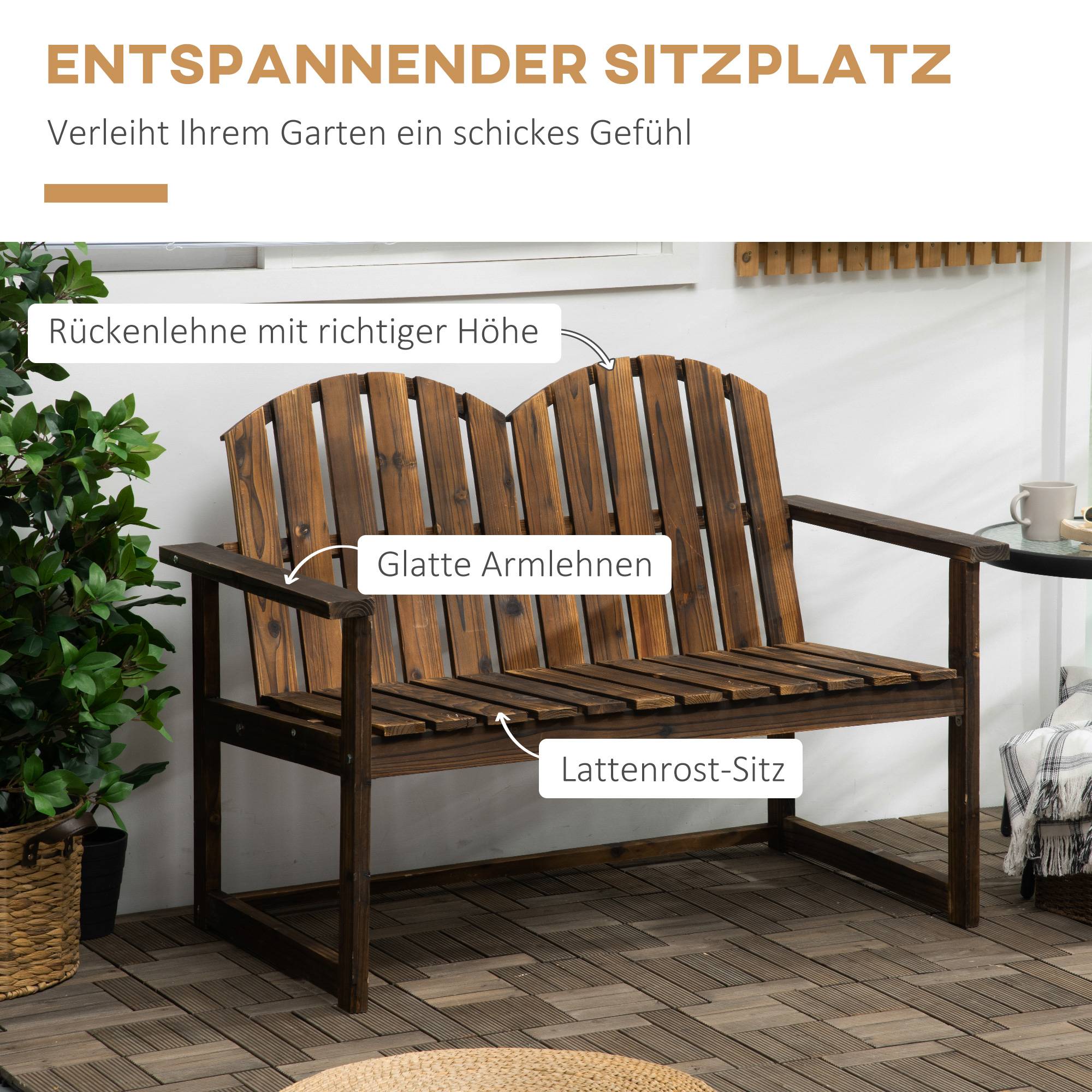ComfortXL - Banc de jardin 2 places bois de sapin carbonisé 114 x 63 x 86 cm style rustique extérieur charge 240 kg - Image 4