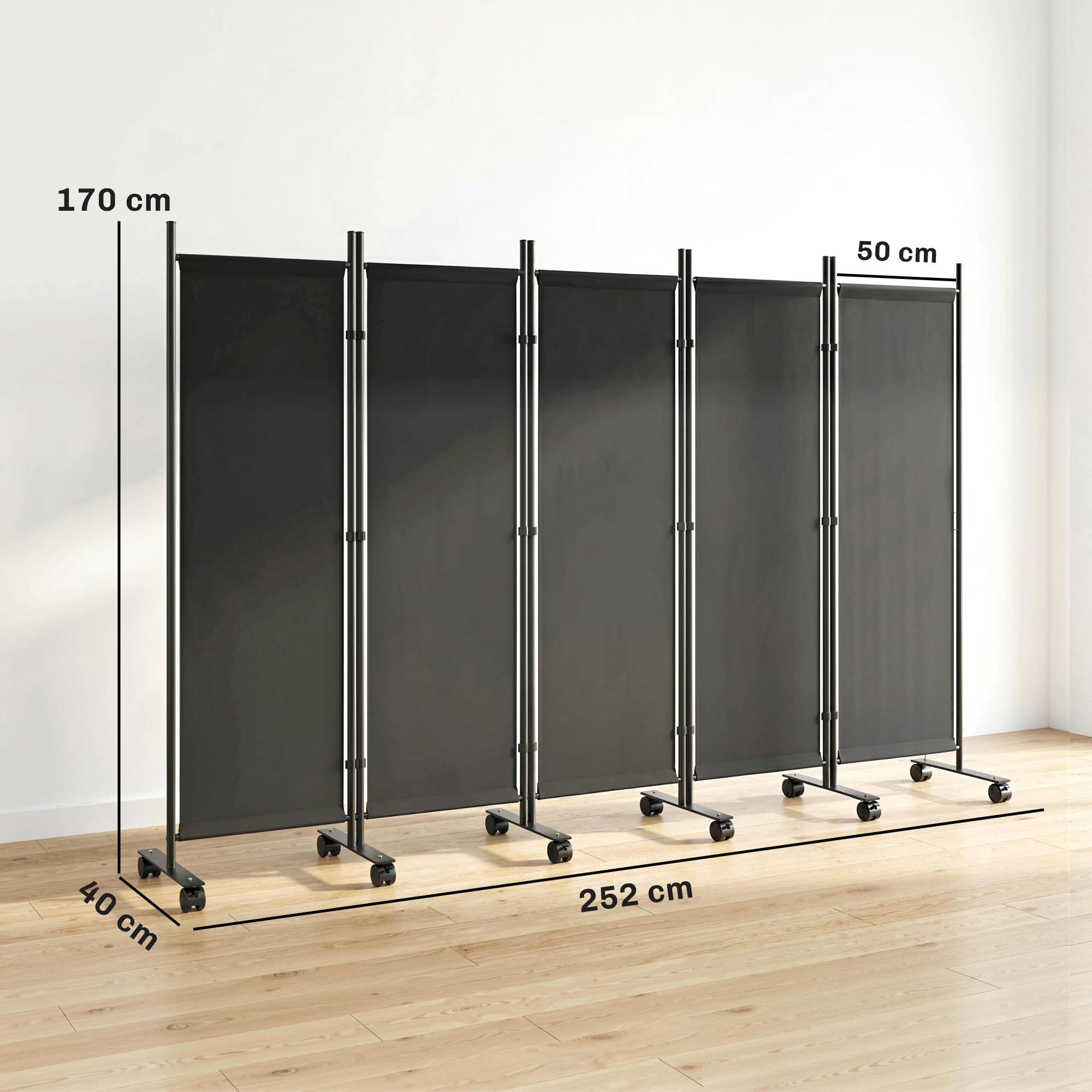 Paravent pliable à 5 panneaux sur 12 roulettes (252 x 170 cm) – Configuration modulable – Noir - Image 5