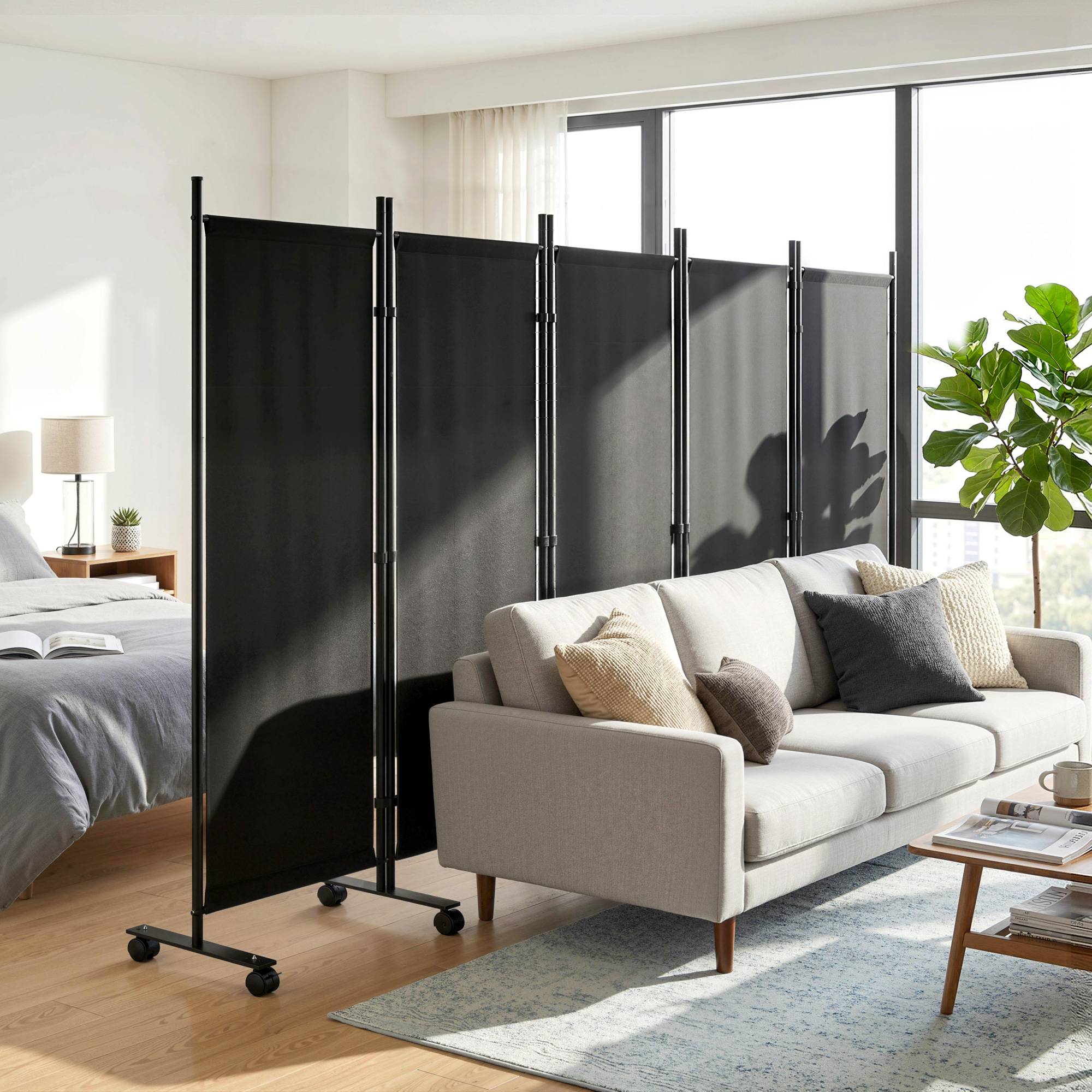 Paravent pliable à 5 panneaux sur 12 roulettes (252 x 170 cm) – Configuration modulable – Noir - Image 3