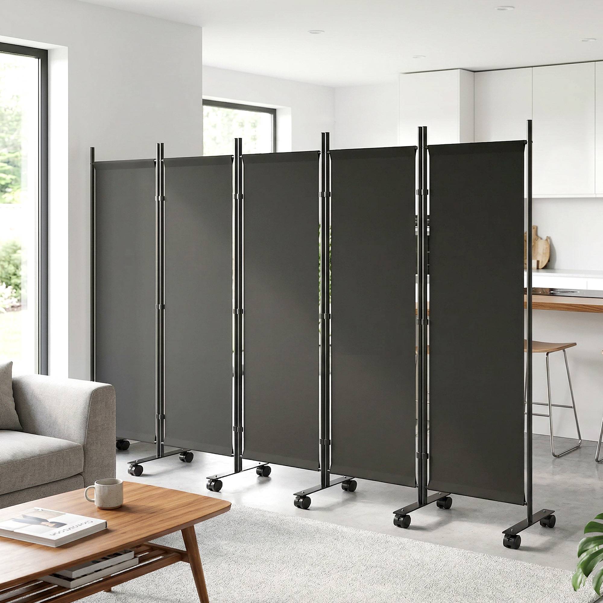 Paravent pliable à 5 panneaux sur 12 roulettes (252 x 170 cm) – Configuration modulable – Noir - Image 4