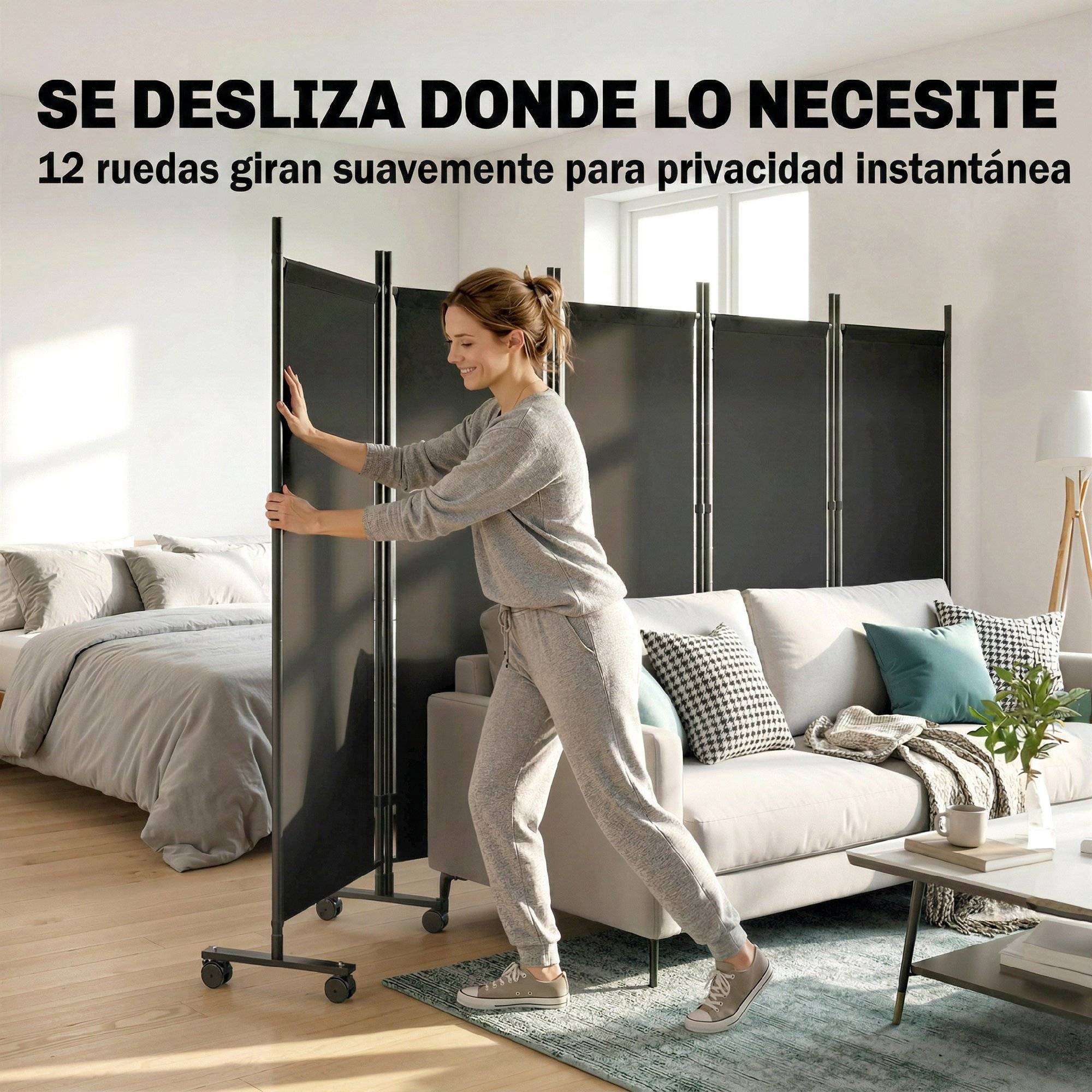 Paravent pliable à 5 panneaux sur 12 roulettes (252 x 170 cm) – Configuration modulable – Noir - Image 6