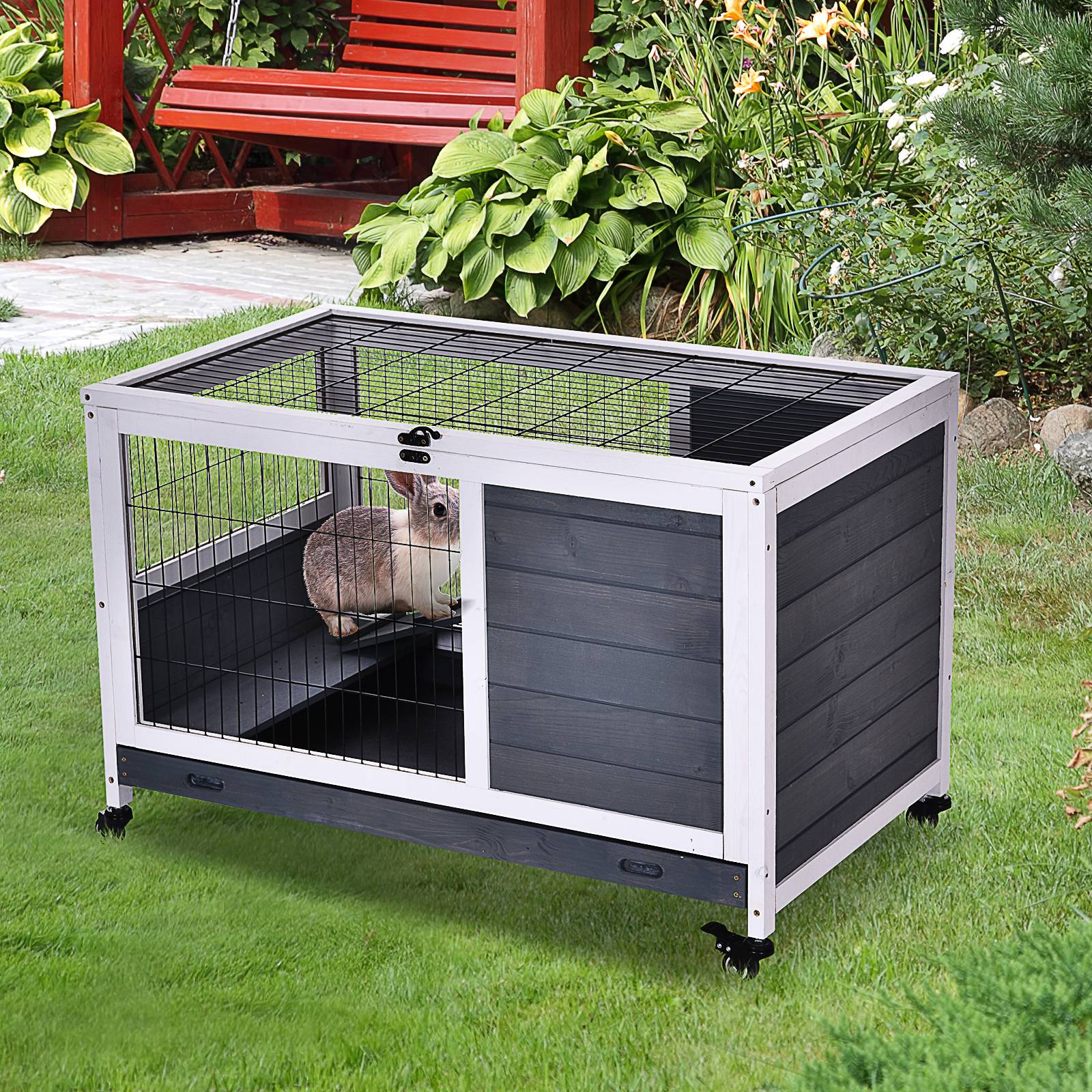 Sans Marque - Clapier lapin intérieur cage toit ouvrant roulettes plateau amovible rampe bois 90x53x59 cm gris foncé/blanc - Image 3
