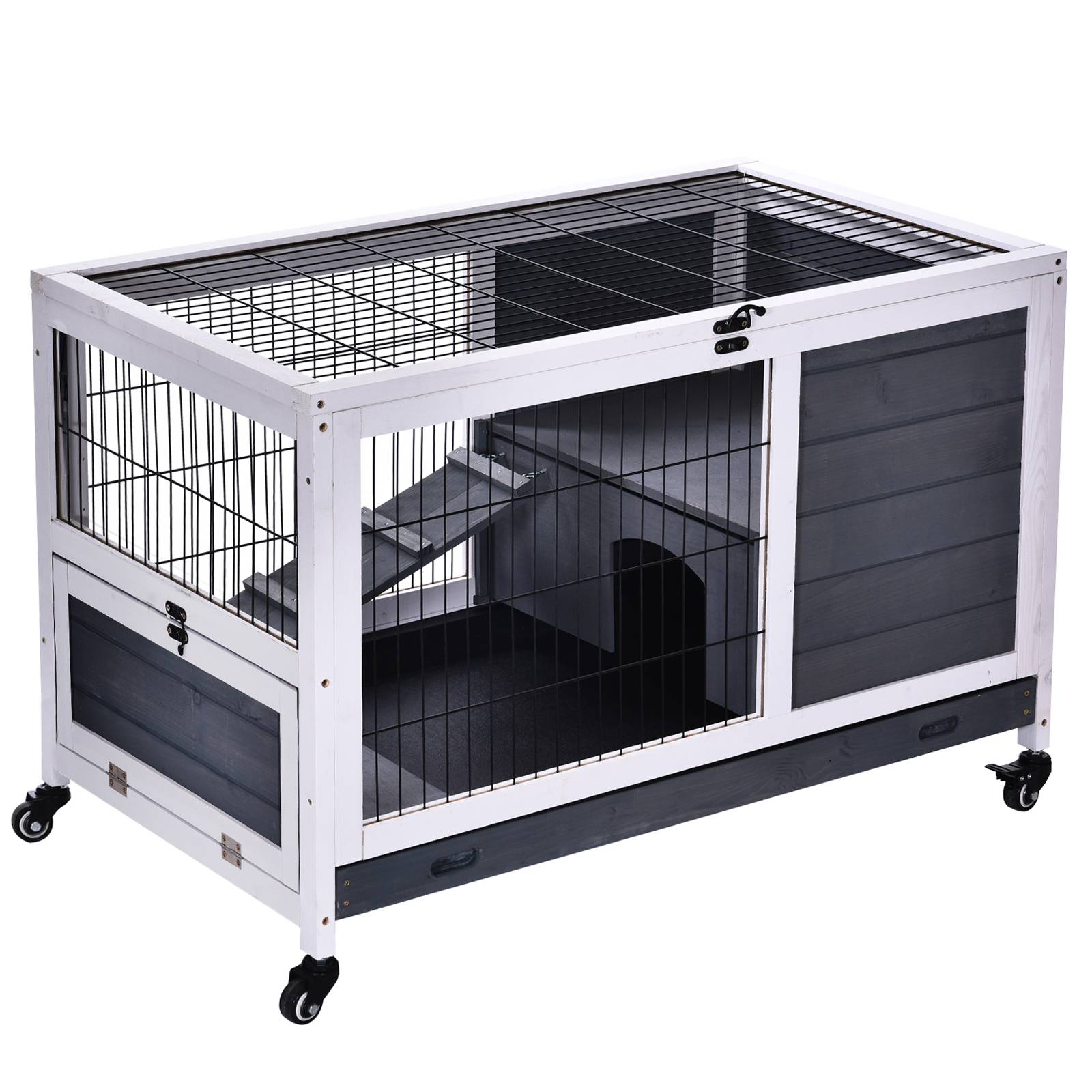 Sans Marque - Clapier lapin intérieur cage toit ouvrant roulettes plateau amovible rampe bois 90x53x59 cm gris foncé/blanc