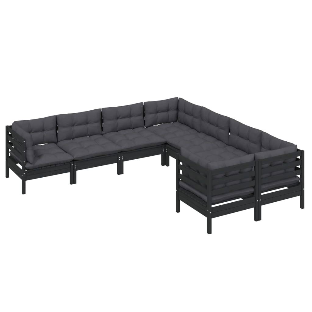 Helloshop26 - Salon de jardin meuble d'extérieur ensemble de mobilier 8 pièces avec coussins noir bois de pin massif
