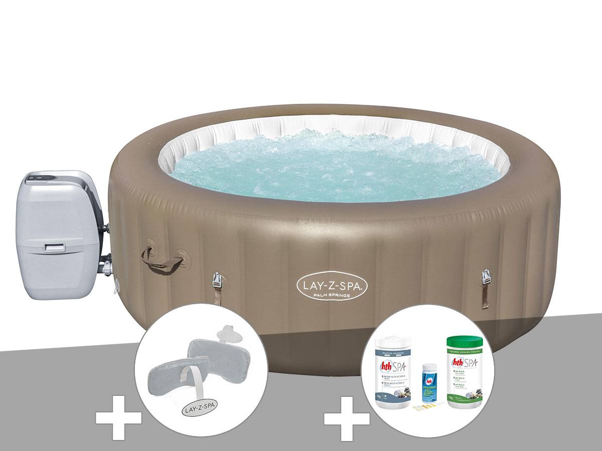 Bestway - Kit spa gonflable Bestway Lay-Z-Spa Palm Springs rond Airjet 4/6 places + Kit traitement brome + 2 appuie-têtes