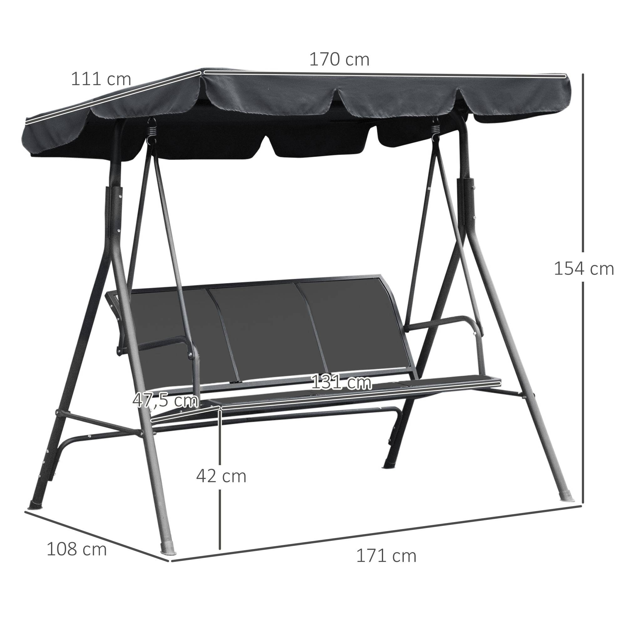Outsunny - Balancelle de jardin 3 places grand confort toit imperméabilisé inclinaison réglable assise et dossier ergonomique acier textilène gris - Outsunny - Imagen 3