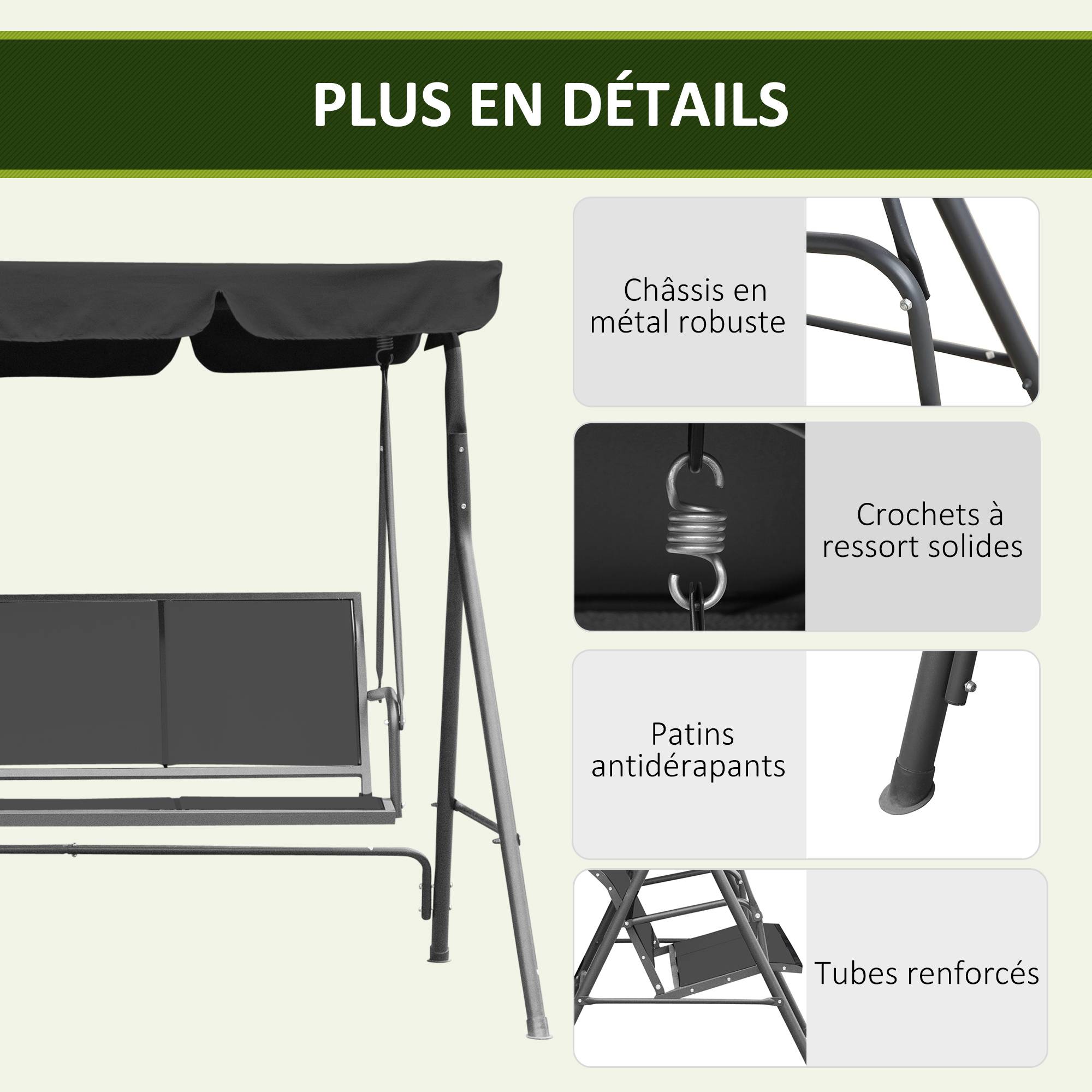 Outsunny - Balancelle de jardin 3 places grand confort toit imperméabilisé inclinaison réglable assise et dossier ergonomique acier textilène gris - Outsunny - Imagen 7