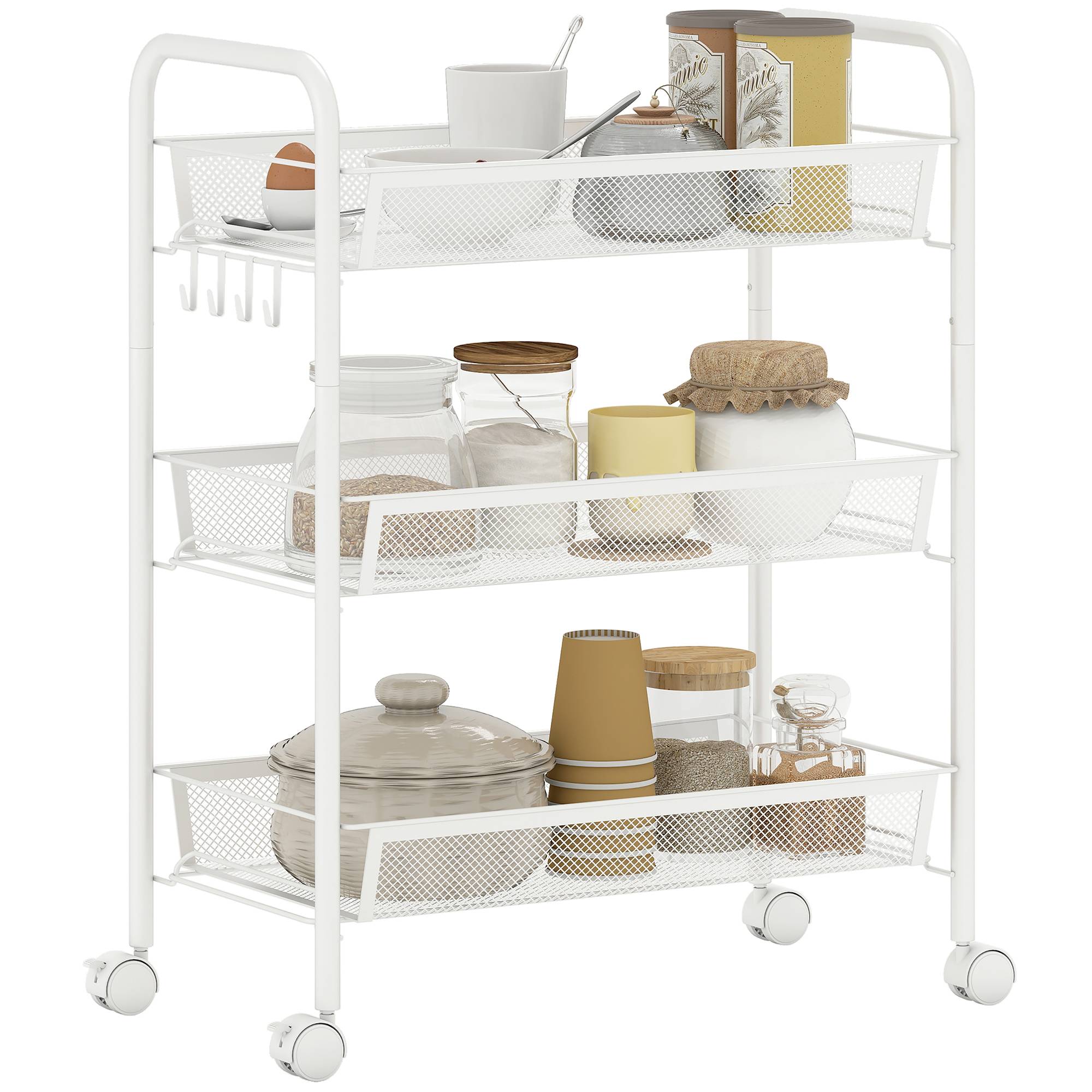 Chariot de service 3 niveaux avec paniers, meuble roulant rangement cuisine salle de bain bureau blanc moderne - Image 1