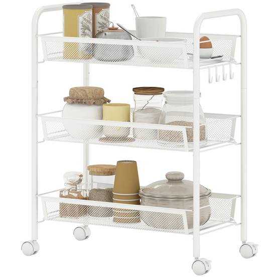 Chariot de service 3 niveaux avec paniers, meuble roulant rangement cuisine salle de bain bureau blanc moderne - Image 2