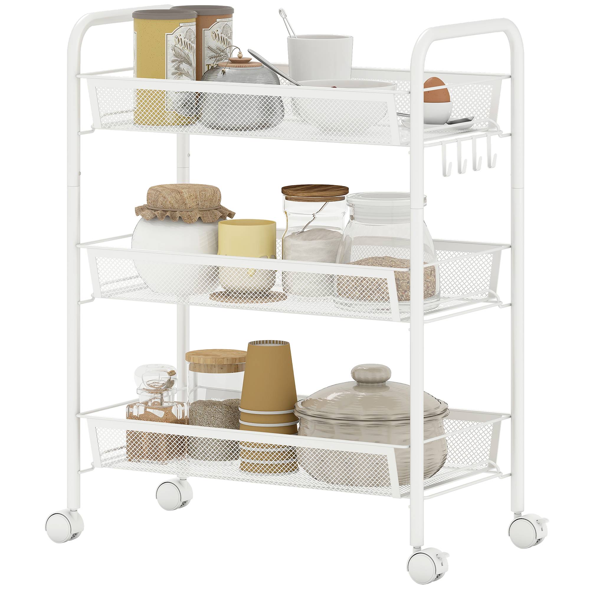 Chariot de service 3 niveaux avec paniers, meuble roulant rangement cuisine salle de bain bureau blanc moderne - Image 2