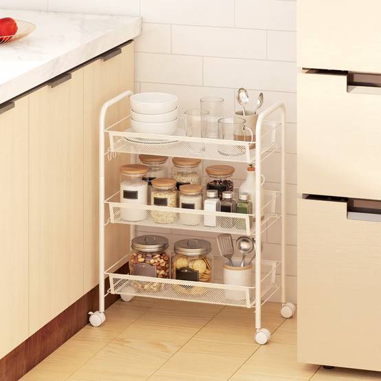 Chariot de service 3 niveaux avec paniers, meuble roulant rangement cuisine salle de bain bureau blanc moderne - Image 3
