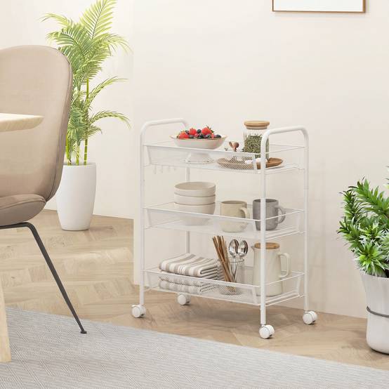 Chariot de service 3 niveaux avec paniers, meuble roulant rangement cuisine salle de bain bureau blanc moderne - Image 4