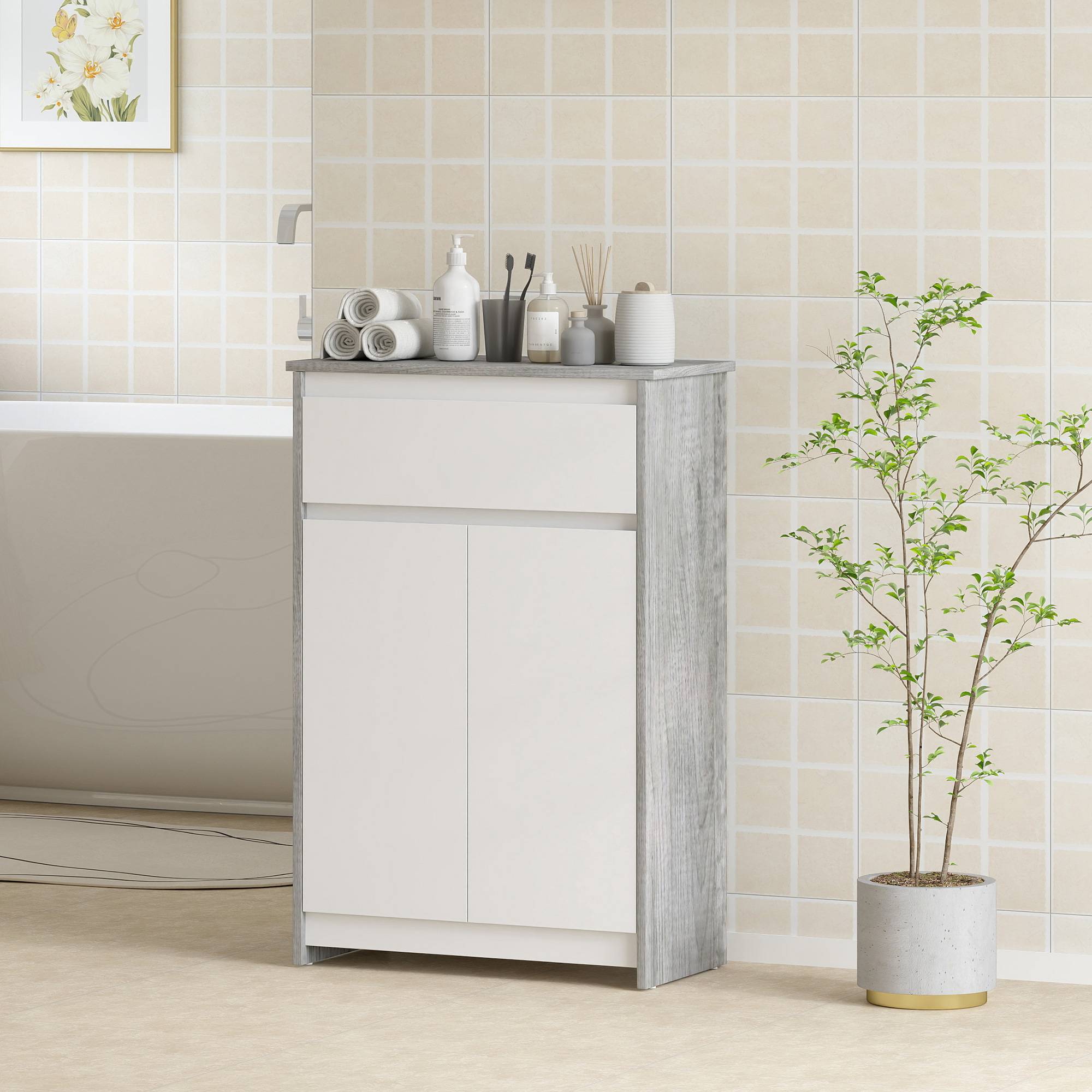 Sans Marque - Meuble salle bain tiroir double porte gris blanc - Image 4