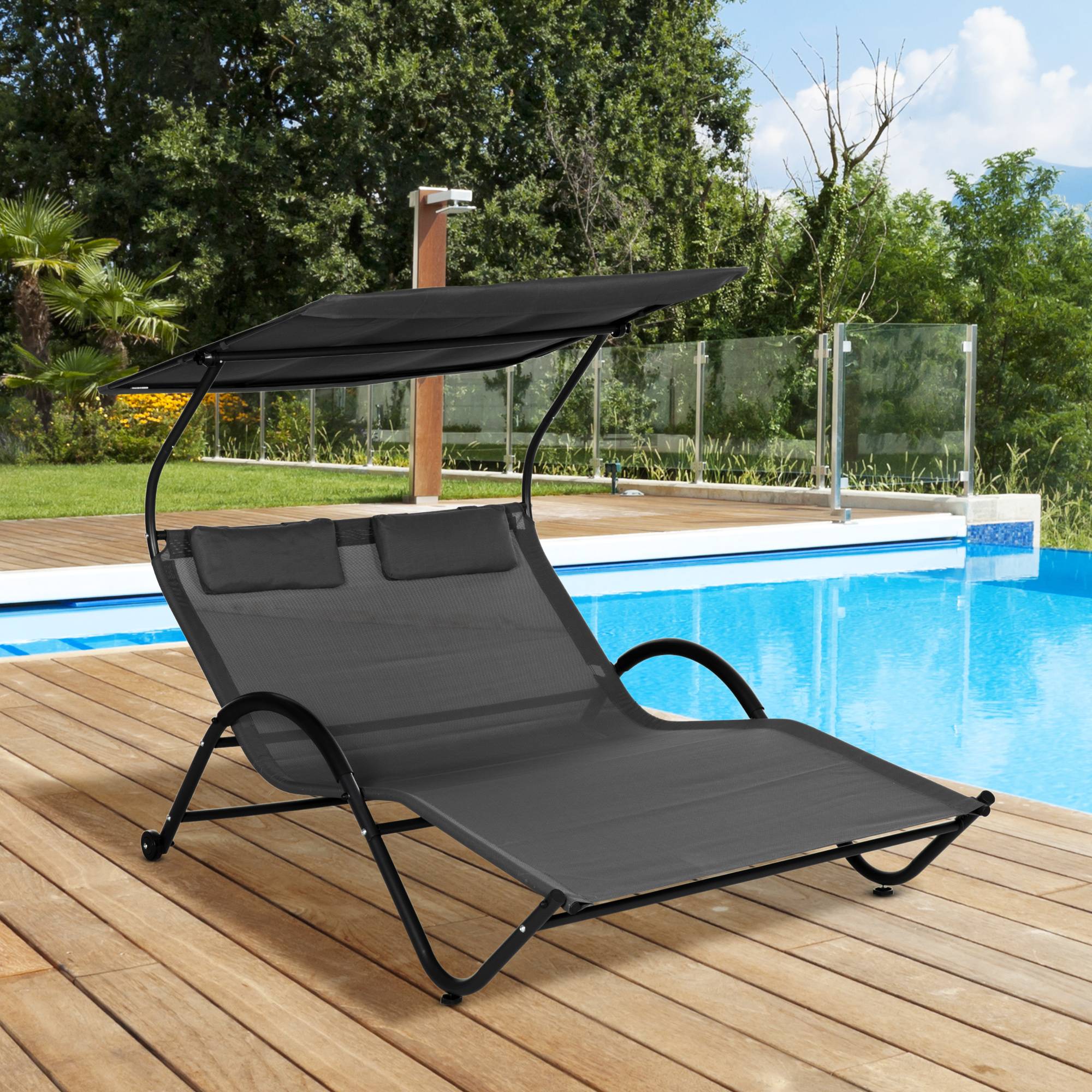 Outsunny - Bain de soleil 2 places lit de jardin design contemporain auvent réglable roulettes tétières acier époxy polyester gris - Outsunny - Imagen 2