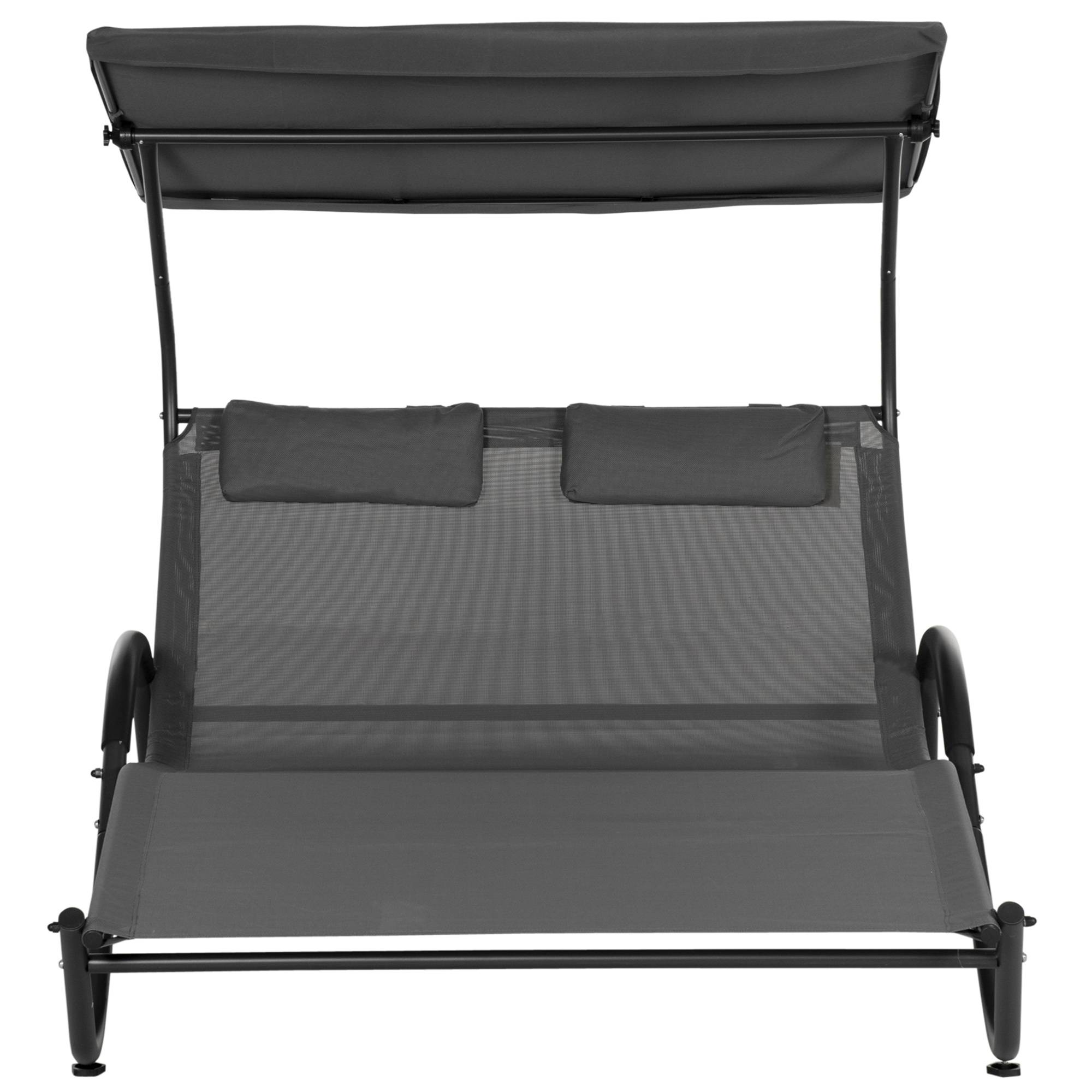 Outsunny - Bain de soleil 2 places lit de jardin design contemporain auvent réglable roulettes tétières acier époxy polyester gris - Outsunny - Imagen 4