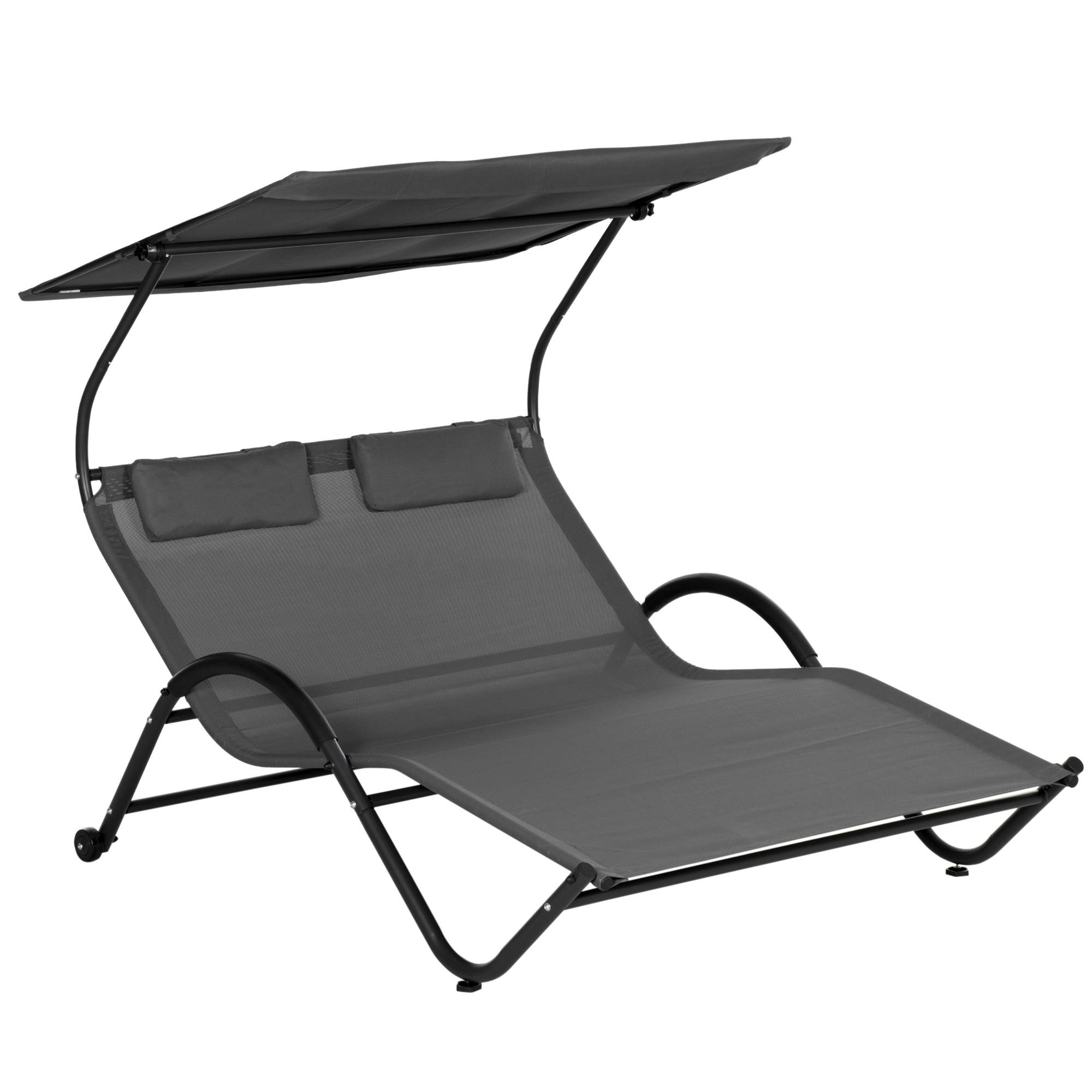 Outsunny - Bain de soleil 2 places lit de jardin design contemporain auvent réglable roulettes tétières acier époxy polyester gris - Outsunny - Imagen 1