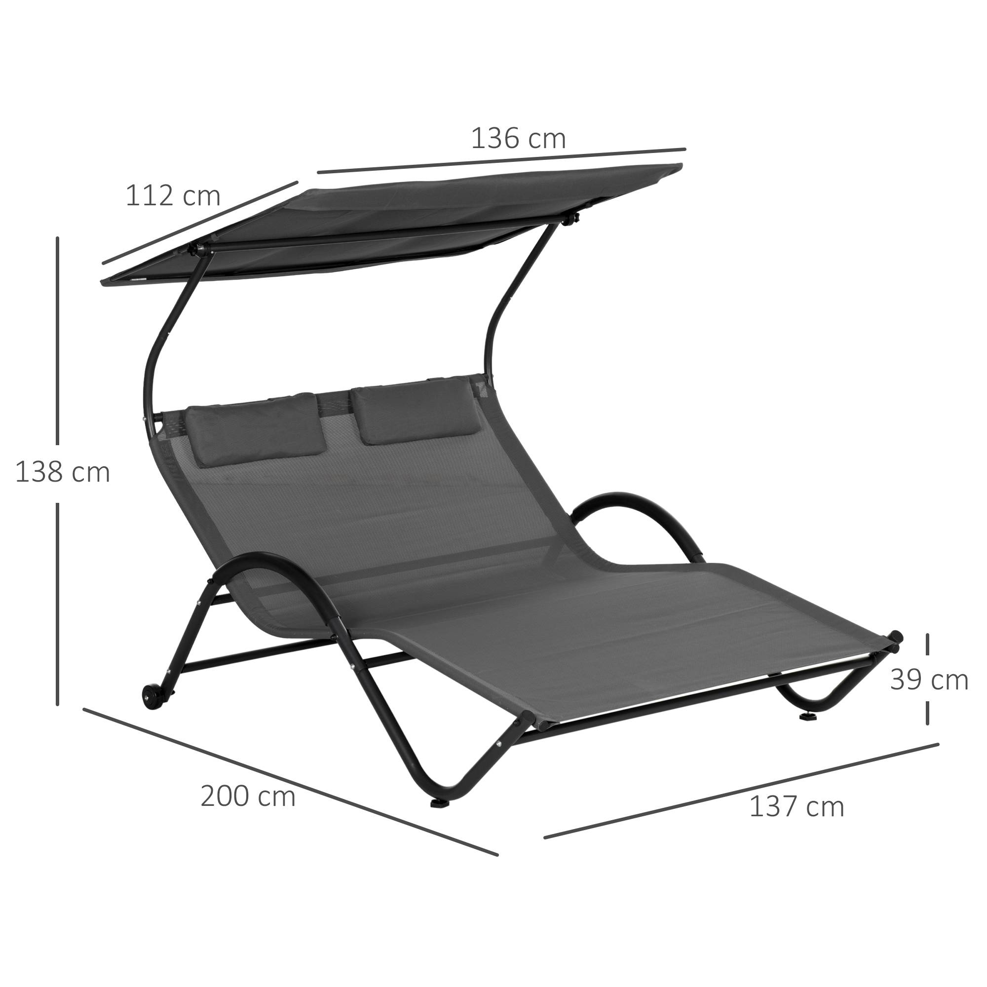 Outsunny - Bain de soleil 2 places lit de jardin design contemporain auvent réglable roulettes tétières acier époxy polyester gris - Outsunny - Imagen 3