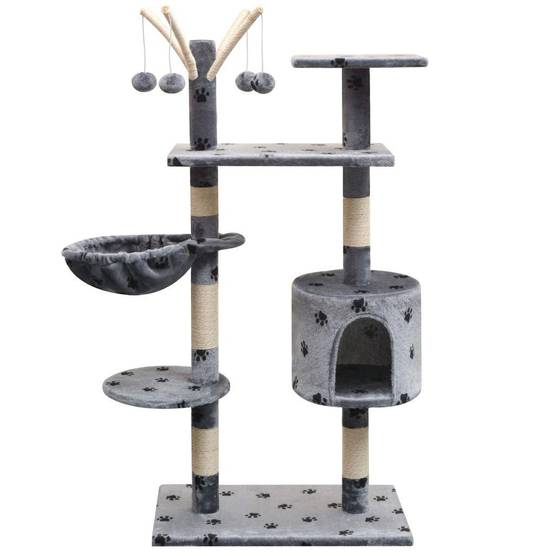 Helloshop26 - Arbre à chat griffoir grattoir niche jouet animaux peluché et sisal 125 cm empreintes de pattes gris - Imagen 1