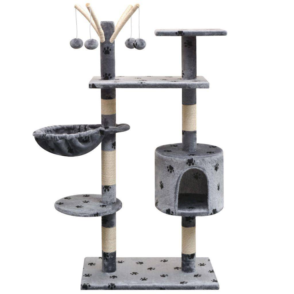 Helloshop26 - Arbre à chat griffoir grattoir niche jouet animaux peluché et sisal 125 cm empreintes de pattes gris - Imagen 1