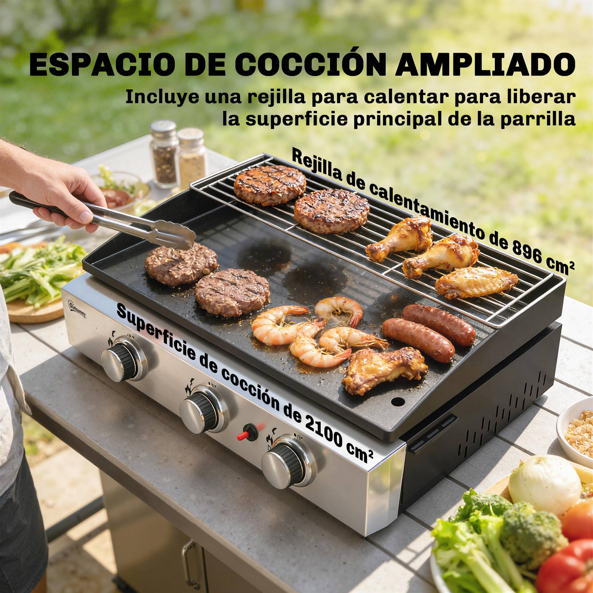 Barbecue à gaz portable 3 brûleurs 7,5 kW avec plaque de cuisson, grille de maintien au chaud et récupérateur de graisse noir - Imagen 7