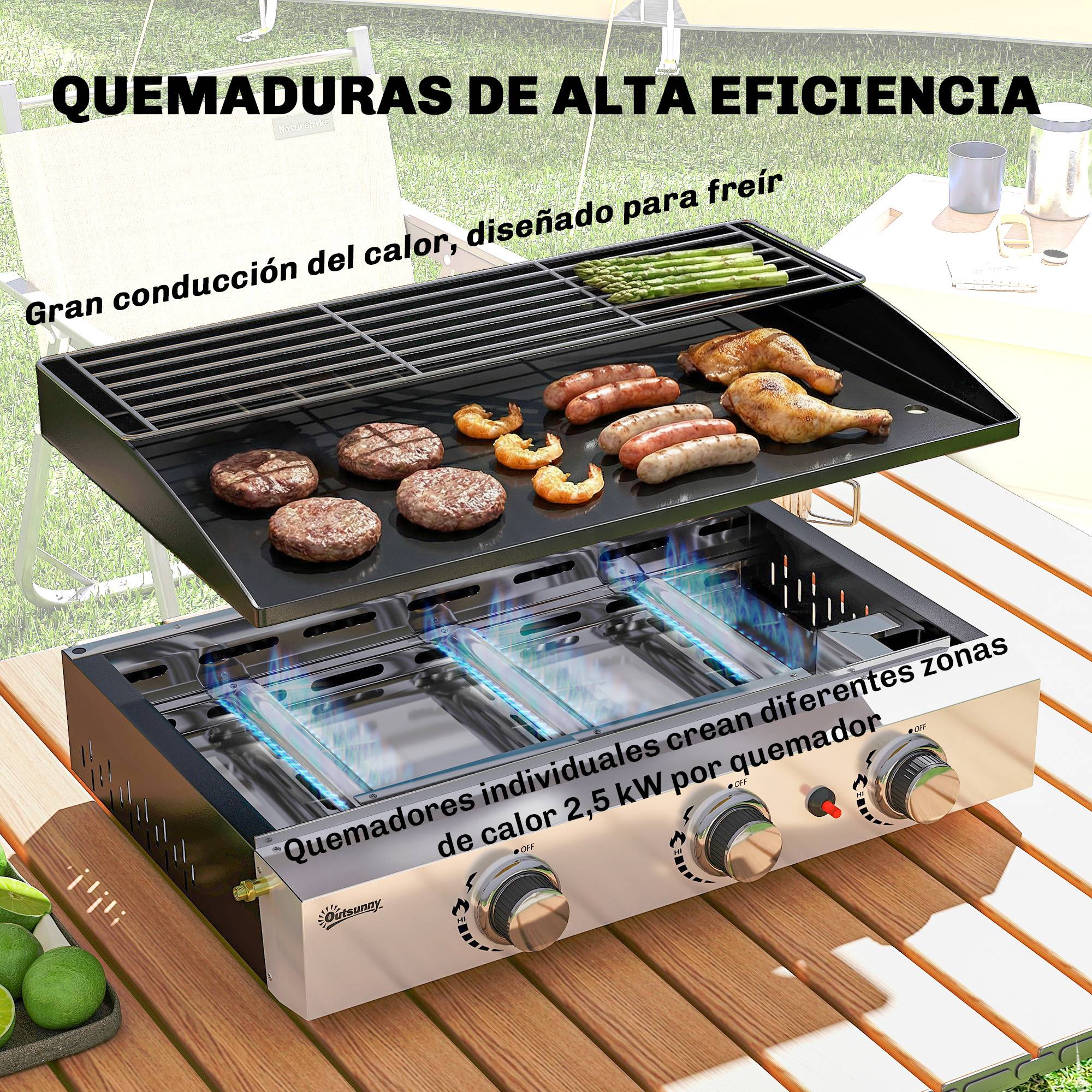 Barbecue à gaz portable 3 brûleurs 7,5 kW avec plaque de cuisson, grille de maintien au chaud et récupérateur de graisse noir - Imagen 6