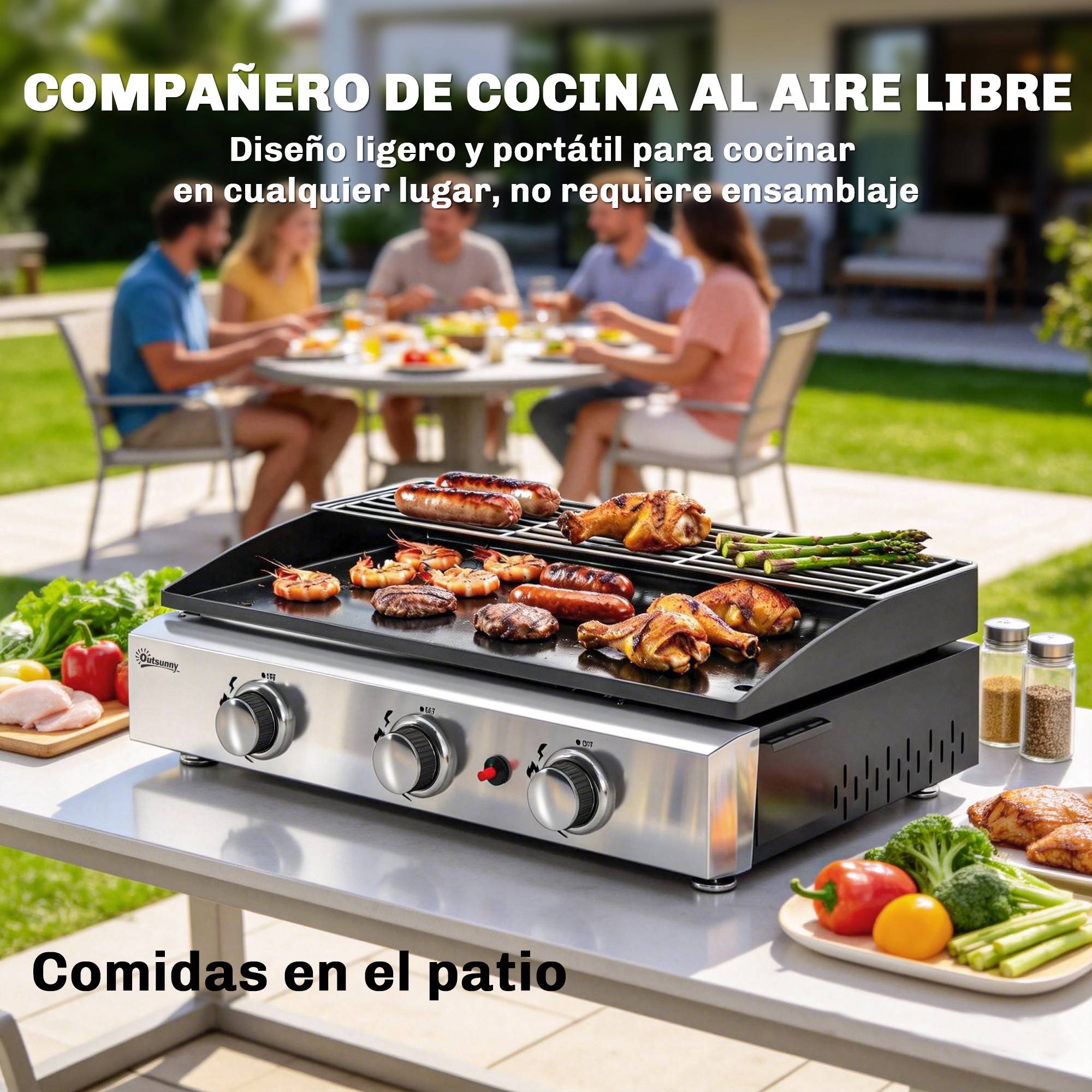 Barbecue à gaz portable 3 brûleurs 7,5 kW avec plaque de cuisson, grille de maintien au chaud et récupérateur de graisse noir - Imagen 9