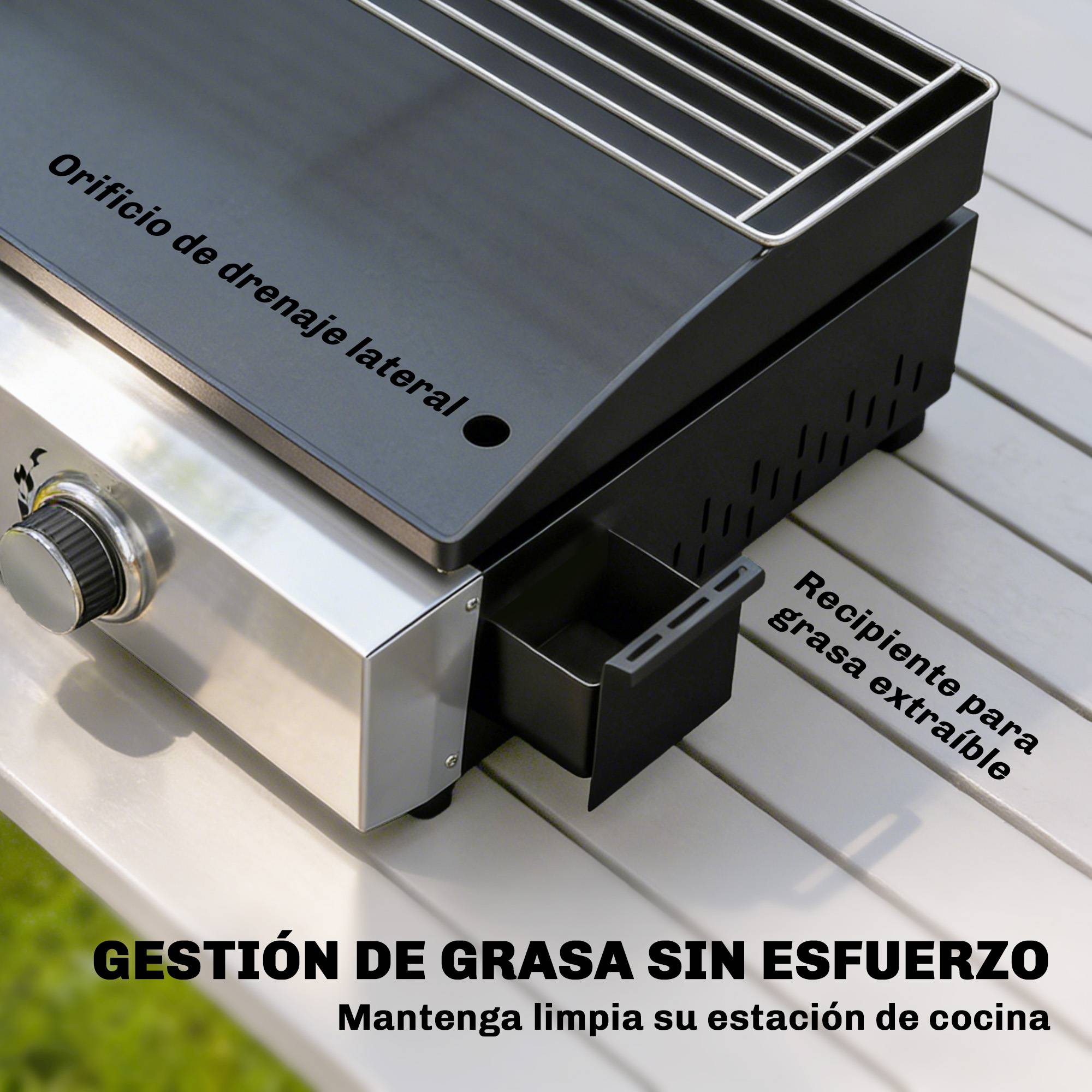 Barbecue à gaz portable 3 brûleurs 7,5 kW avec plaque de cuisson, grille de maintien au chaud et récupérateur de graisse noir - Imagen 8